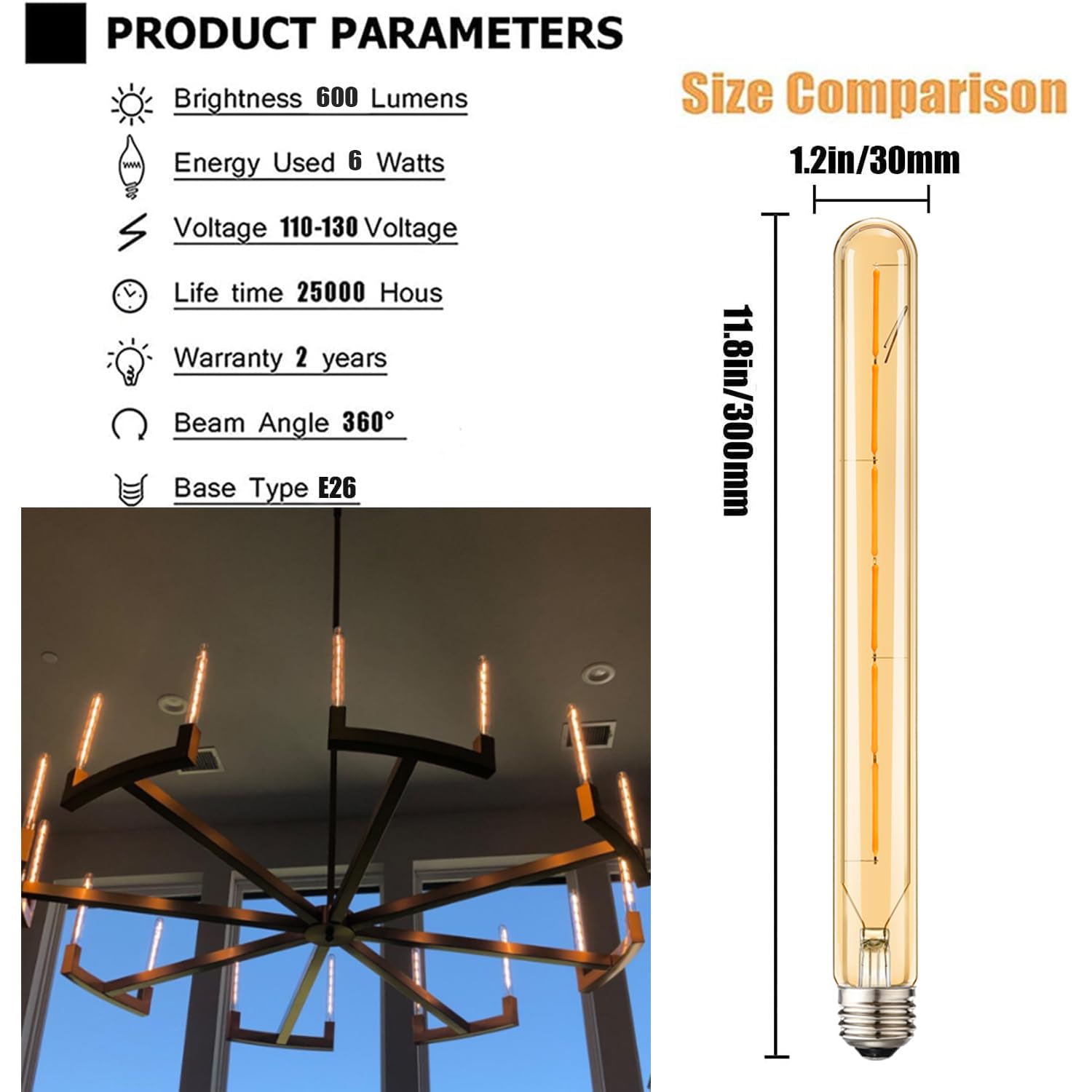 Leools T300 LED Bulbs, 12W Dimmable Tubular, 100W Equivalent, 11.8in Amber Glass, 2700K Warm White, E26 Edison,