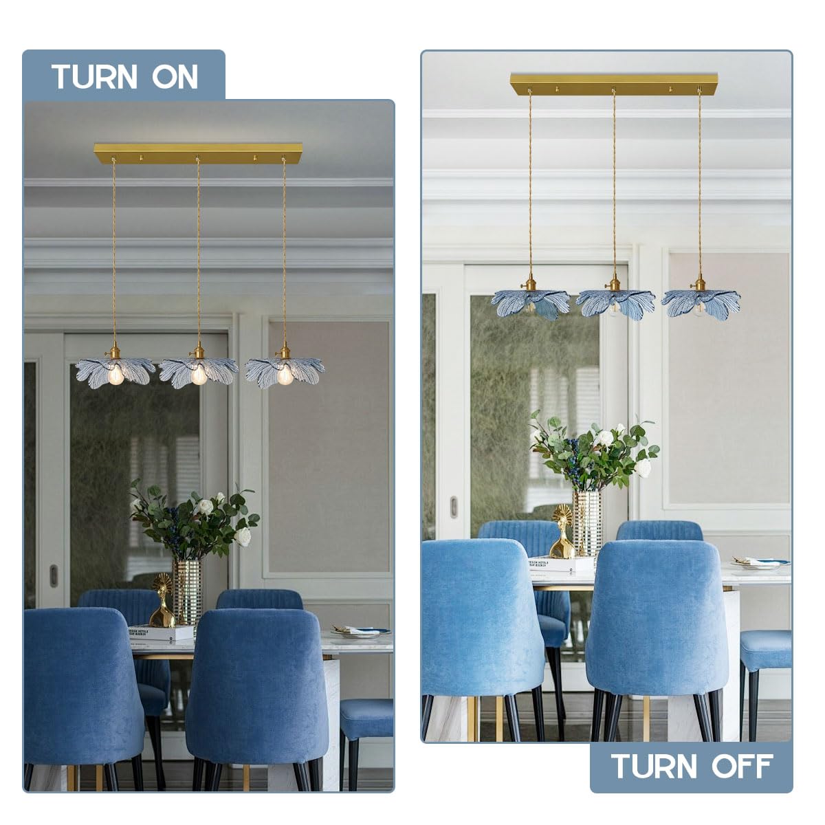 Auwieou 3 Light Pendant Lighting Blue Glass Pendant Light Brushed Brass Pendant Light Fixtures Vintage Farmhouse Chandelier 1-Li