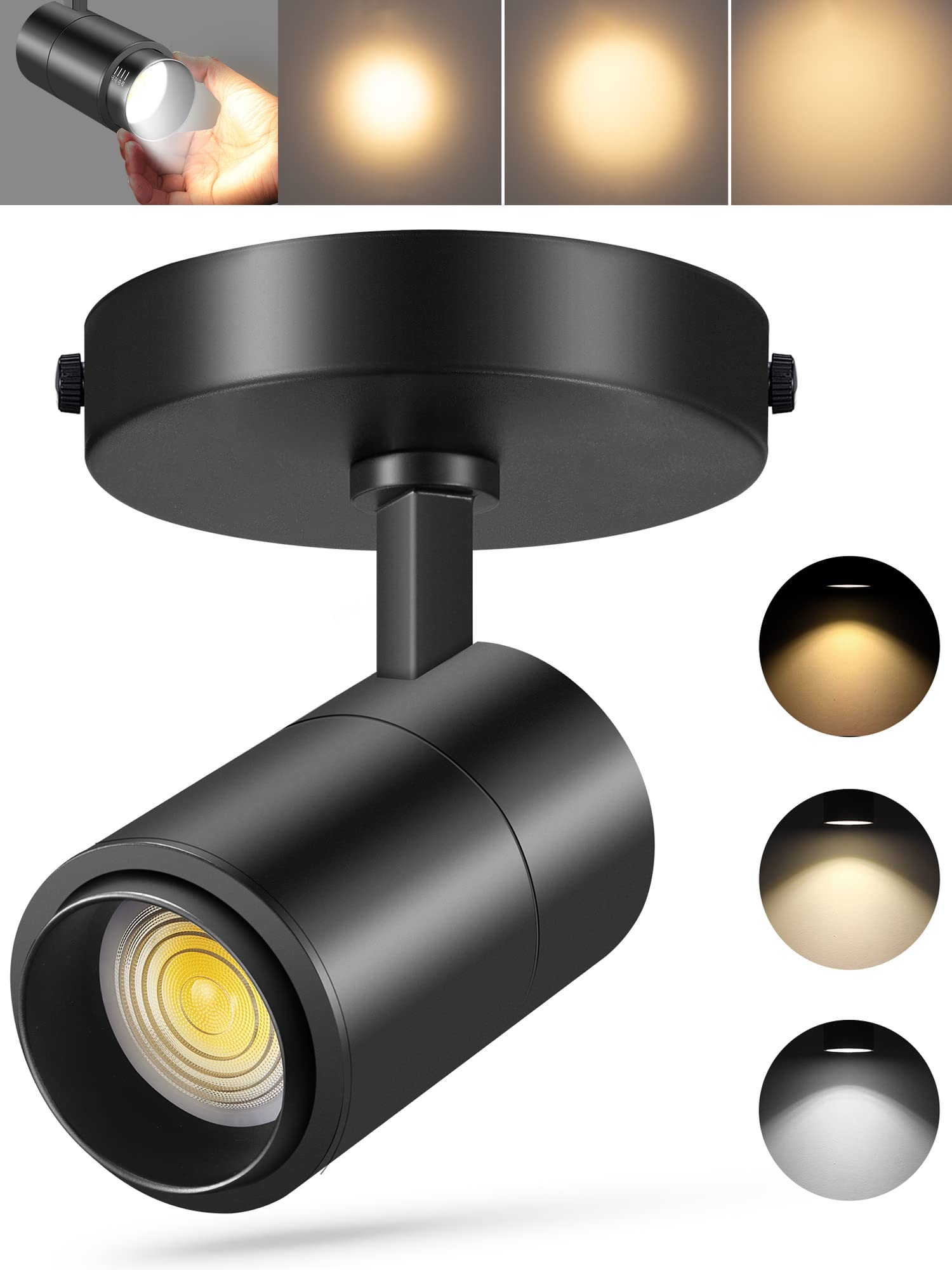Vanoopee 3-Color Led Ceiling Spotlight, Dimmable Adjustable Accent Light, Black, 20W, 2000