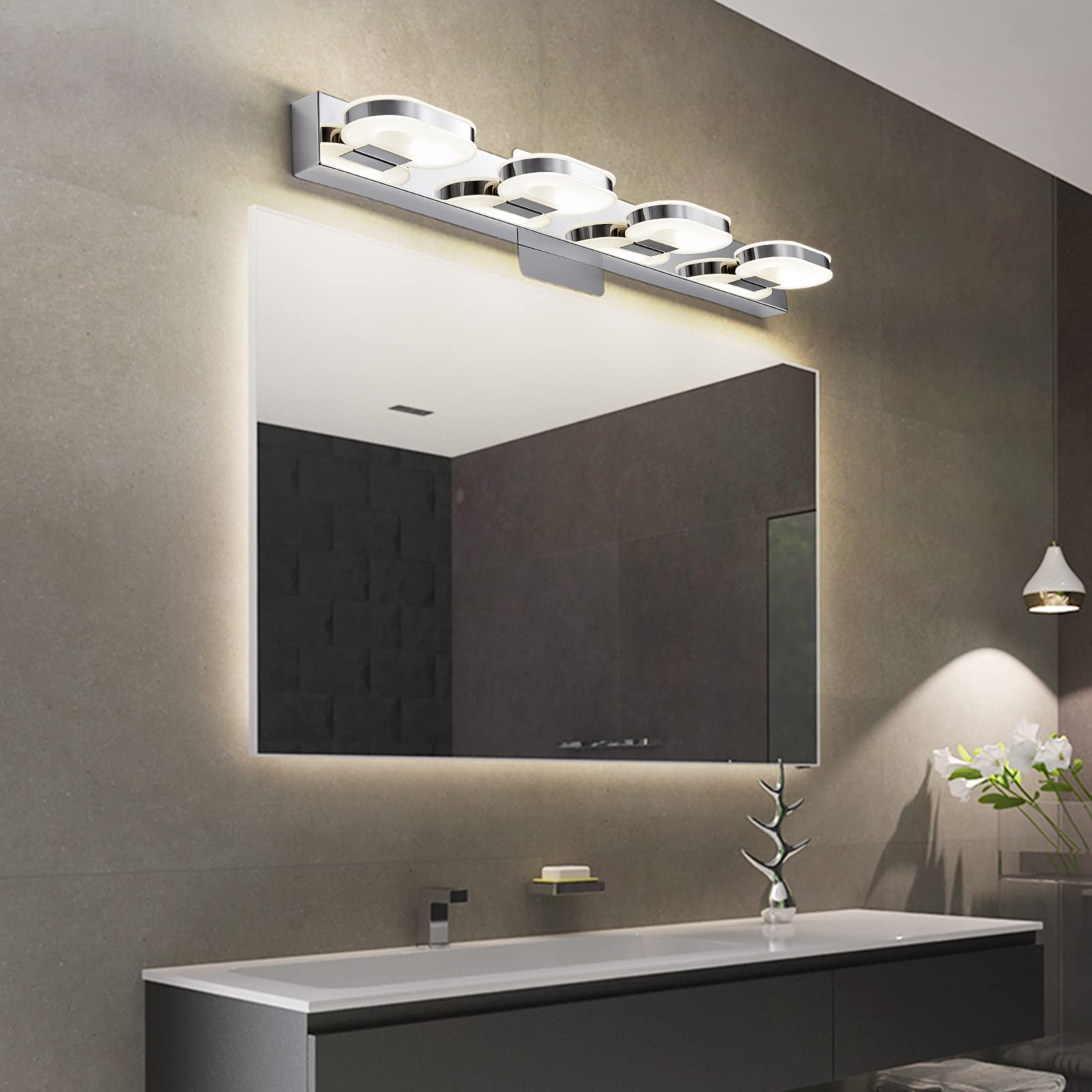 Myhaptim Modern LED 4 Lights Vanity Light for Bathroom Modern Vanity Light Fixture Wall Sconce 26 Inch Natural White Light (Chro