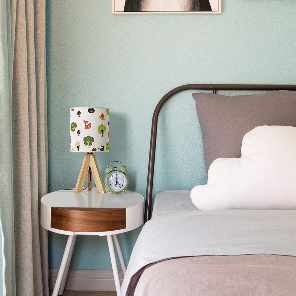 HAITRAL Tripod Table Lamp - Kids Nightstand Lamp with Cartoon Lampshade, Wood, Model ST1017-T1, Tree Color, Cartoon-1 Size