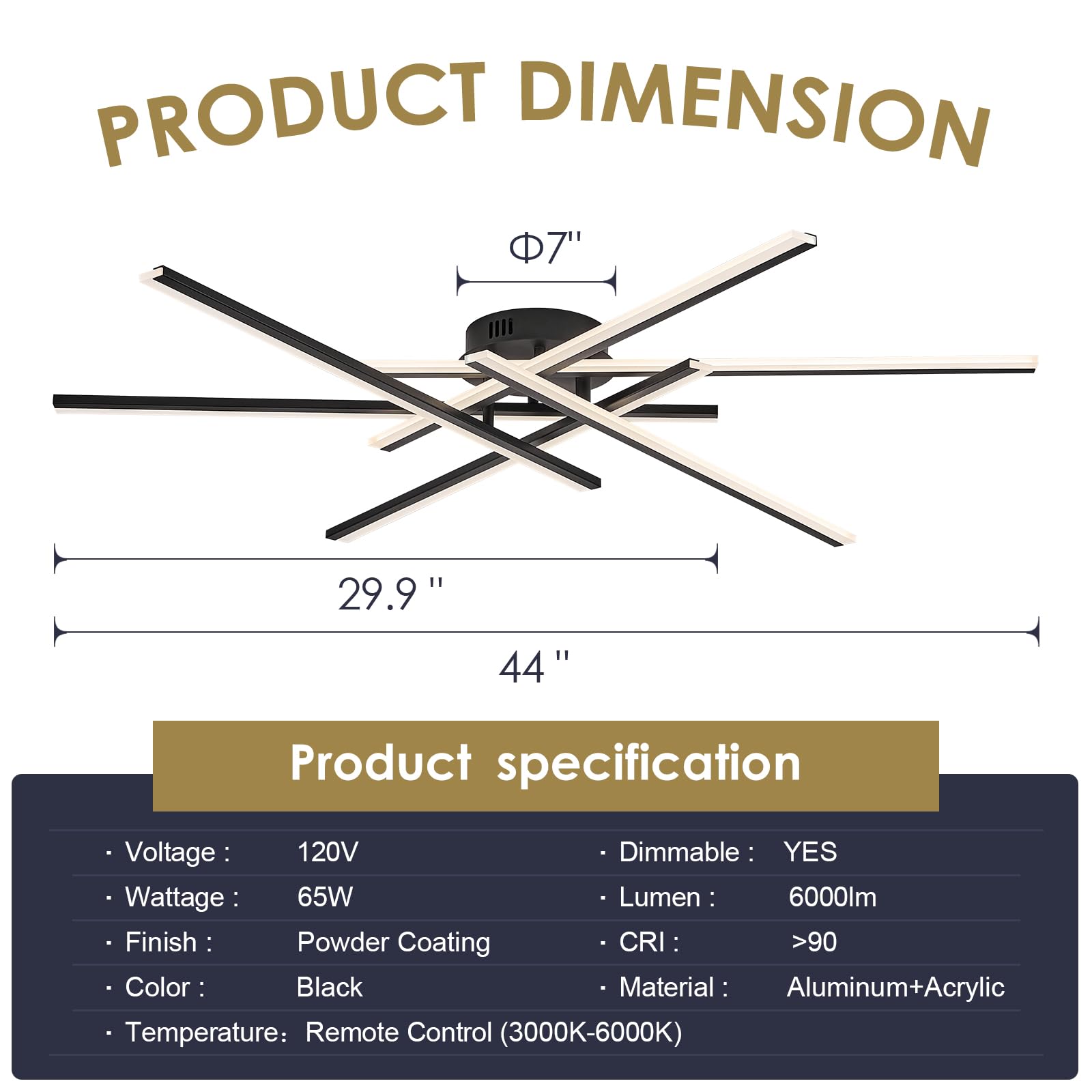 Airyphant Modern Led Chandelier With Remote Control  6-Lights Black Semi-Flush Mount Ceiling Lighting Fixture For Living Room  Bedroom  Dining Room 60W