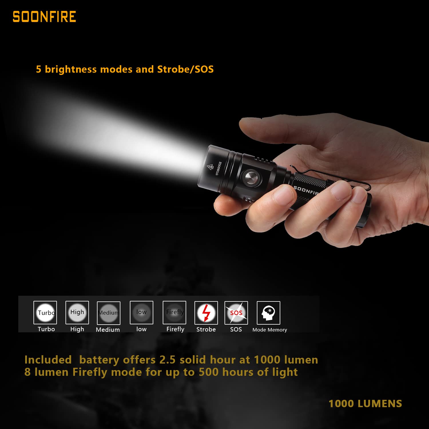 Soonfire 1000 Lumens White Led Flashlight, E Usb Rechargeable Waterproof Compact Edc Law Enforcement Flashlights (Camping, Emerg