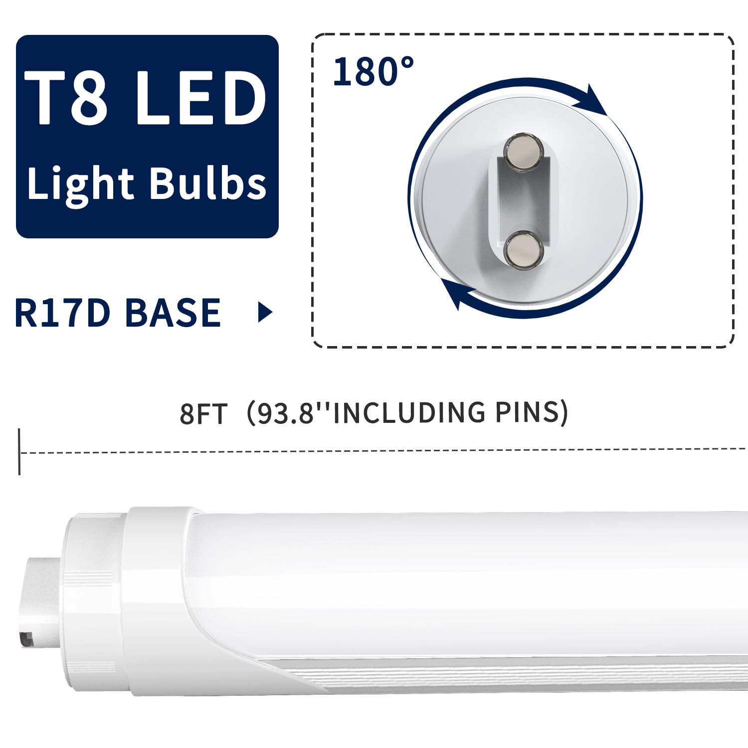 JESLED 8FT LED Bulbs, 5000K Daylight, Frosted Cover, Dual-End Powered, 72W, 4 Pack
