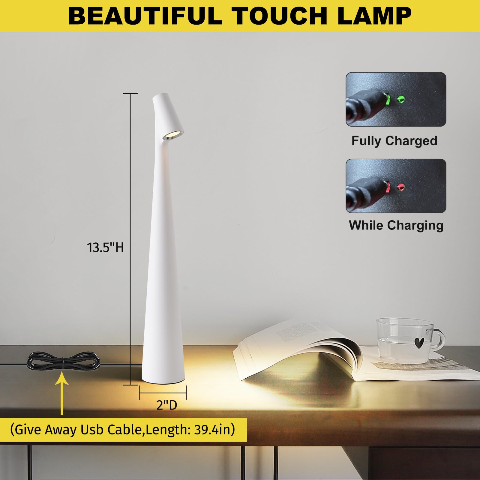 Hebangya Cordless Table Lamps Set of 2, Rechargeable, 3 Levels Brightness, Aluminum, White