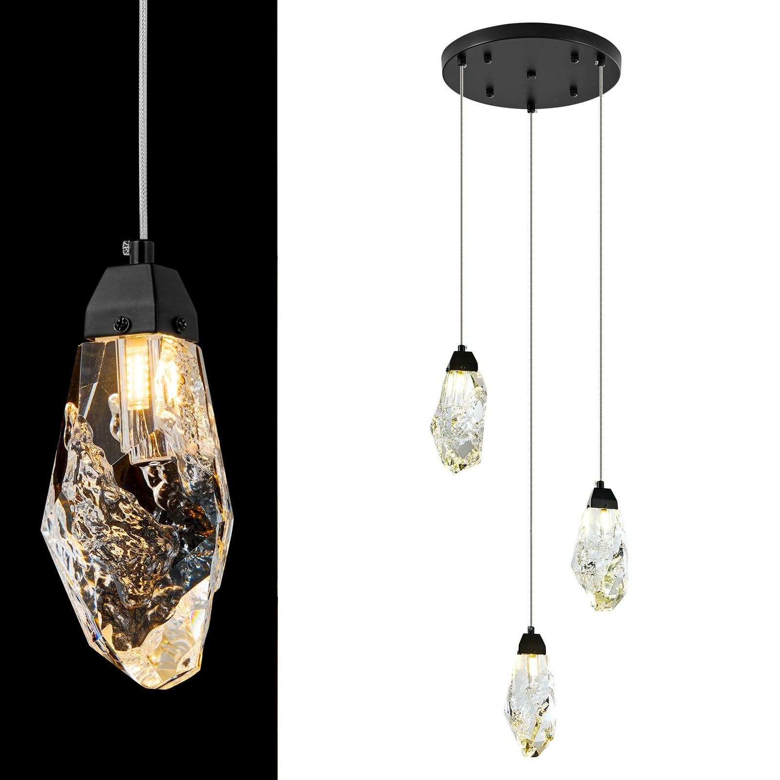Kokaizeeki 3 Lights Crystal Pendant Light Modern Cluster Chandelier Dimmable Pendant Light Fixture With Black Teardrop Design St