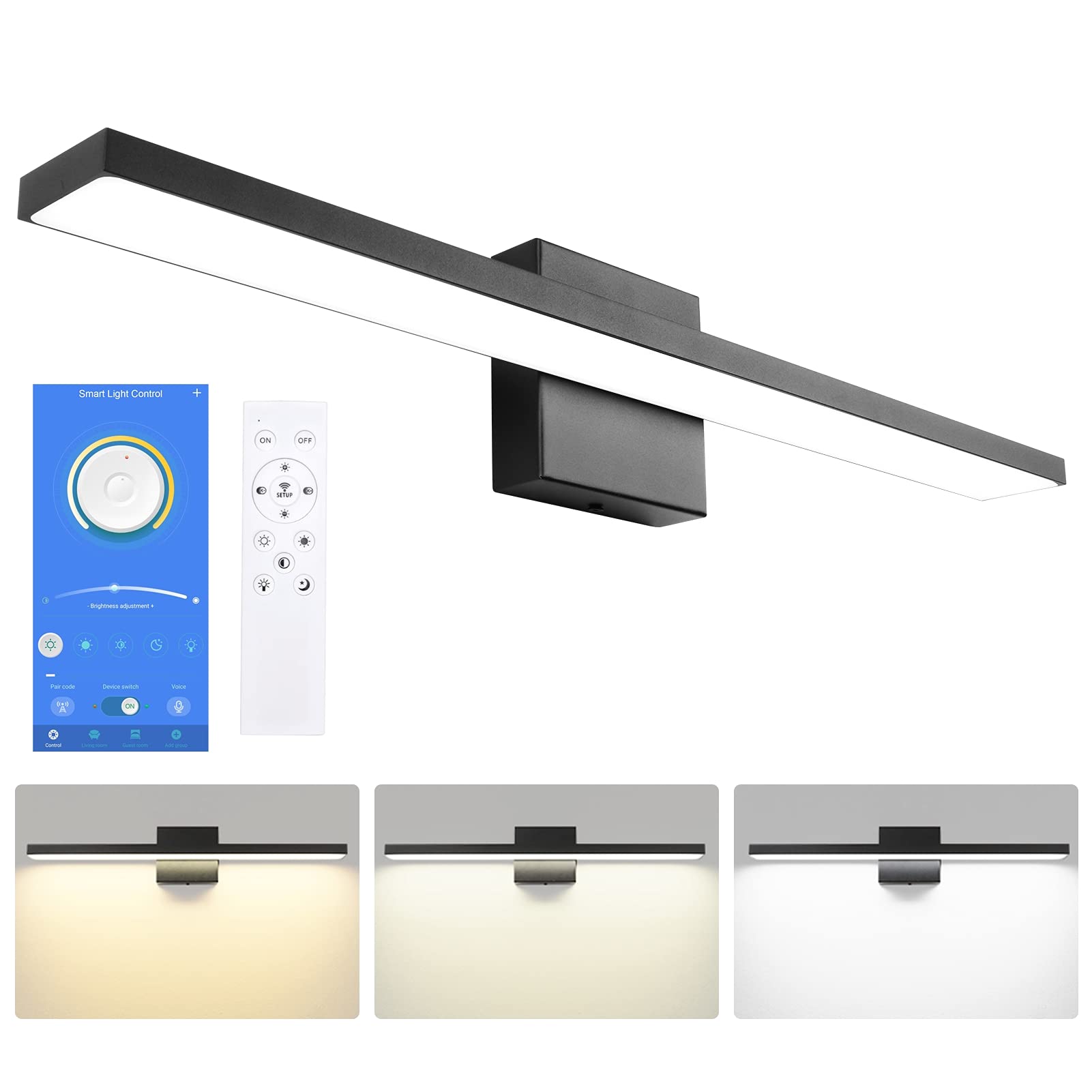 Ralbay 24in Dimmable LED Black Vanity Light Fixture with Remote Control, Color Temperature Adjustable, Model 1089