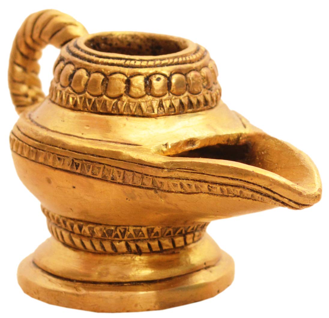 Purpledip Brass Lamp Anajli Holder: Magic Lamp Or Aladin'S Chirag Shape Charan Amrit Vessel For Home Temple (10913)