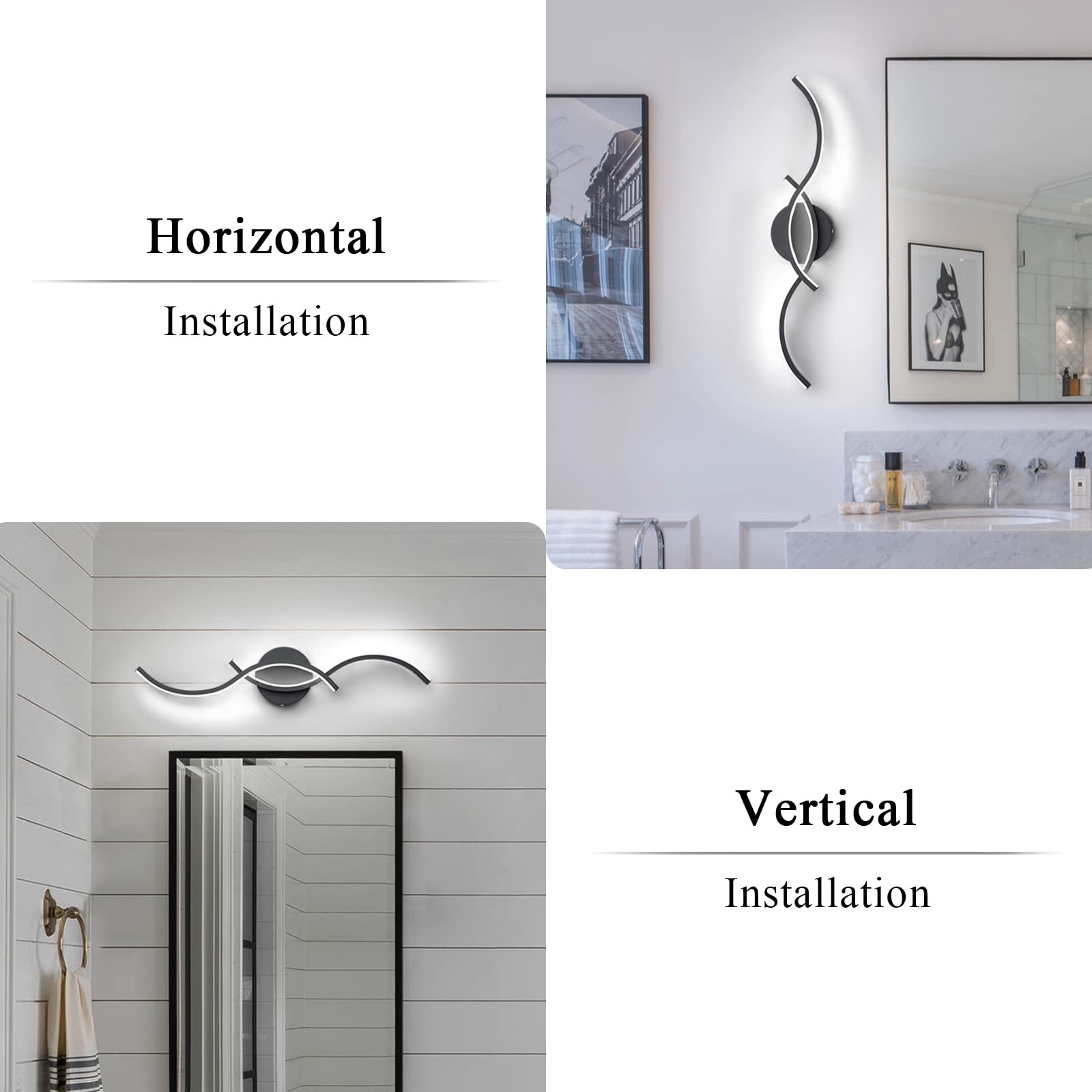 Edislive 24" Modern Wave Led Vanity Light, Dimmable Black Aluminum Wall Sconce For Bathroom