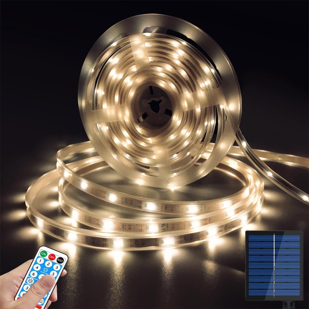 Solar Led Strip Lights Outdoor Waterproof 9.8Ft Warm White Solar Powered Strip Lights With Remote Timer 8 Lighting Modes Ip65 Waterproof Strip Lights For Step Gazebo Balcony Outdoor Bar Garden Decor