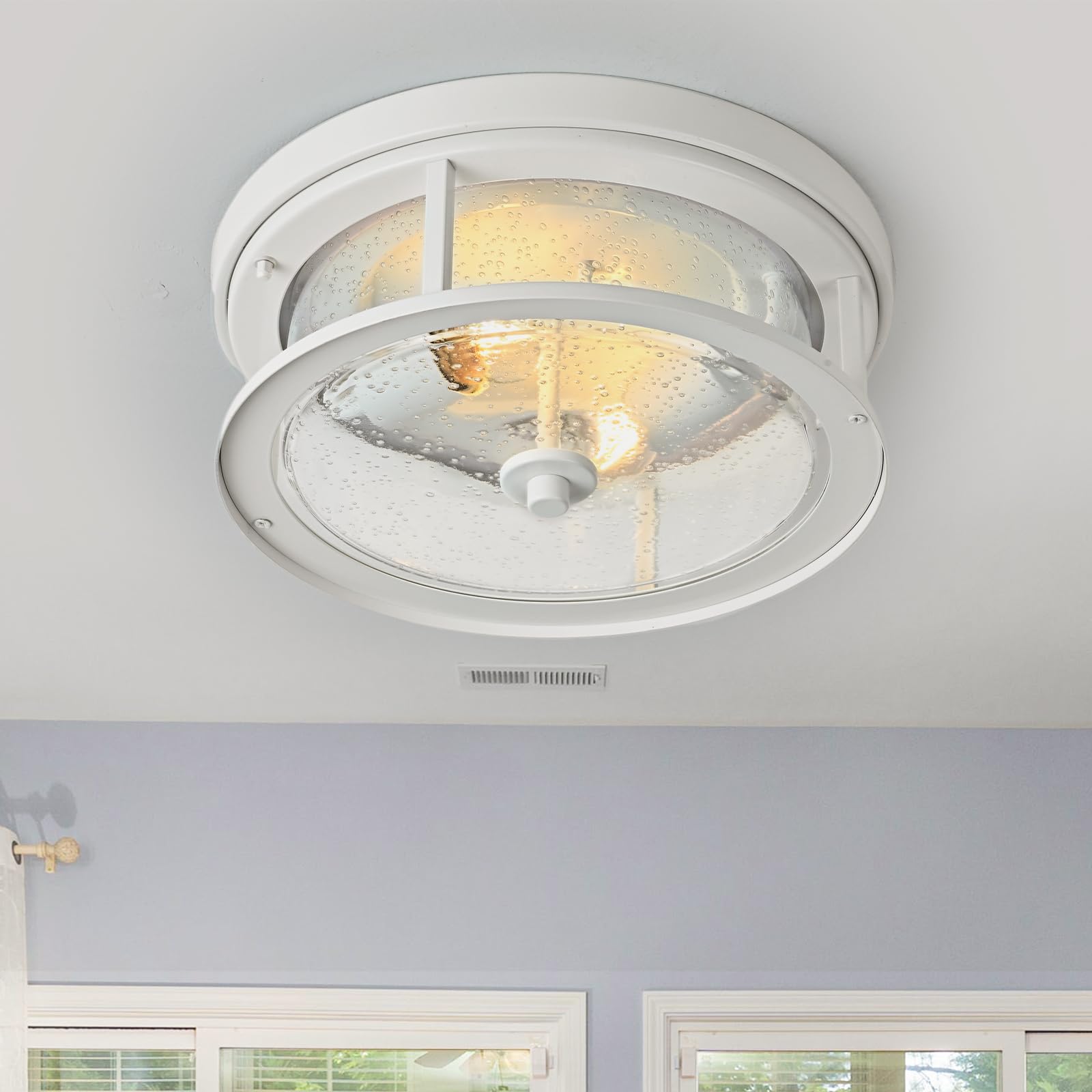 Odorpower White Flush Mount Ceiling Light Fixture, 2-Light With Seeded Glass White Ceiling Light Fixture For Bedroom, Indoor Outdoor Ceiling Lights For Porch Hallway Kitchen