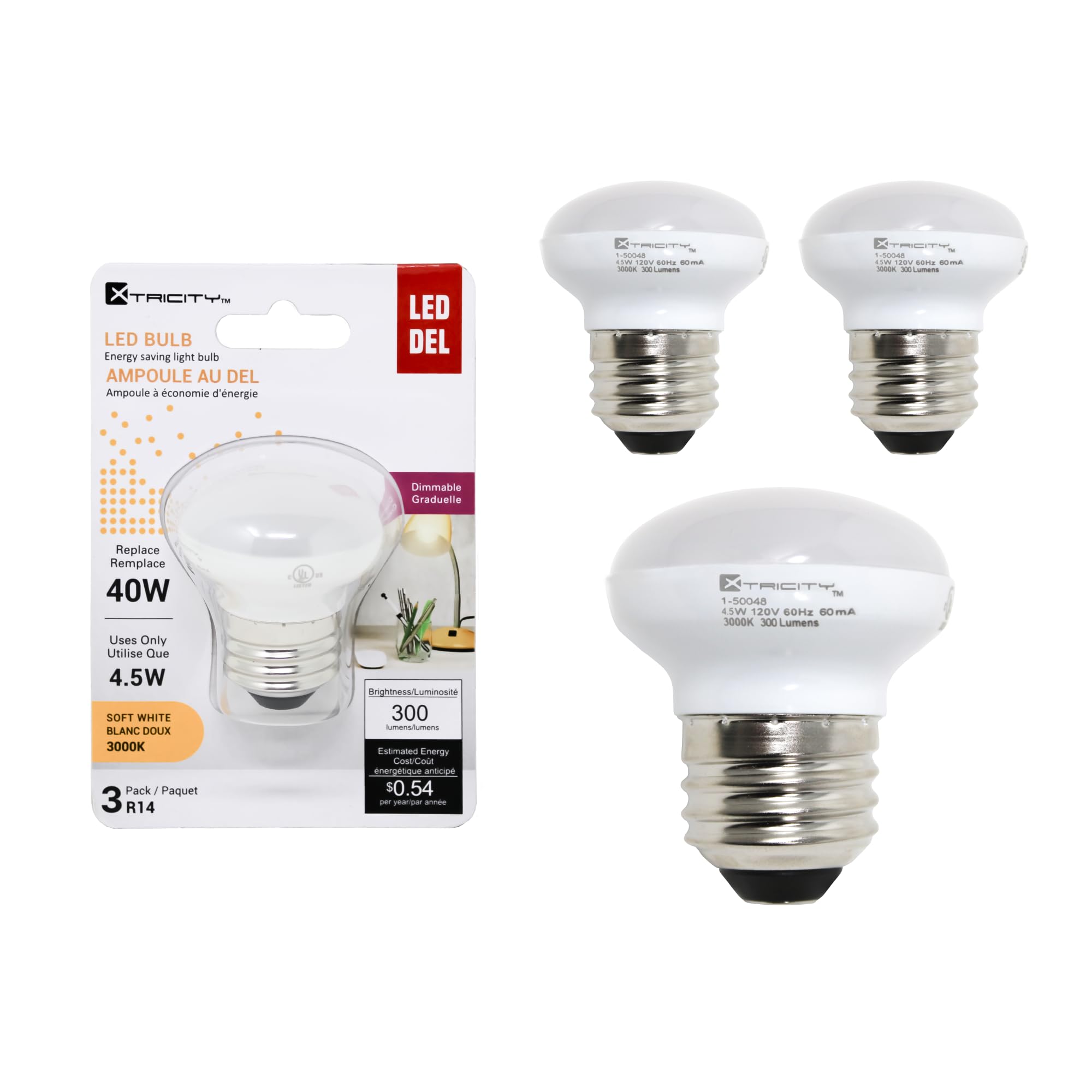 Xtricity R14 Dimmable Led Light Bulbs, E26 Base, 4.5W (40 Watt Equivalent), 3000K Soft White, 300 Lumens - Curio Cabinet Lightin