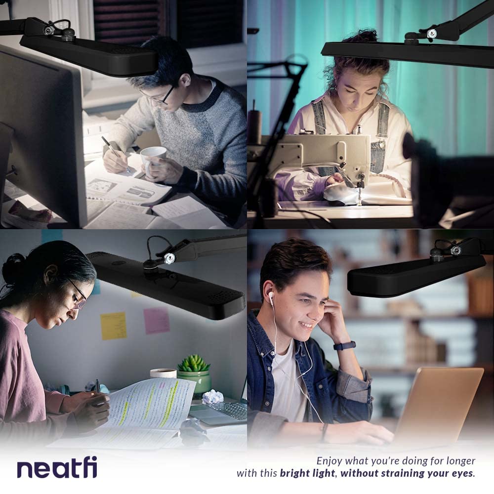 Neatfi LED Task Lamp, 2500 Lumens, 30W, 22" Wide, Eye-Caring, Black, Model 9505LED-30-C, Perfect for Home/