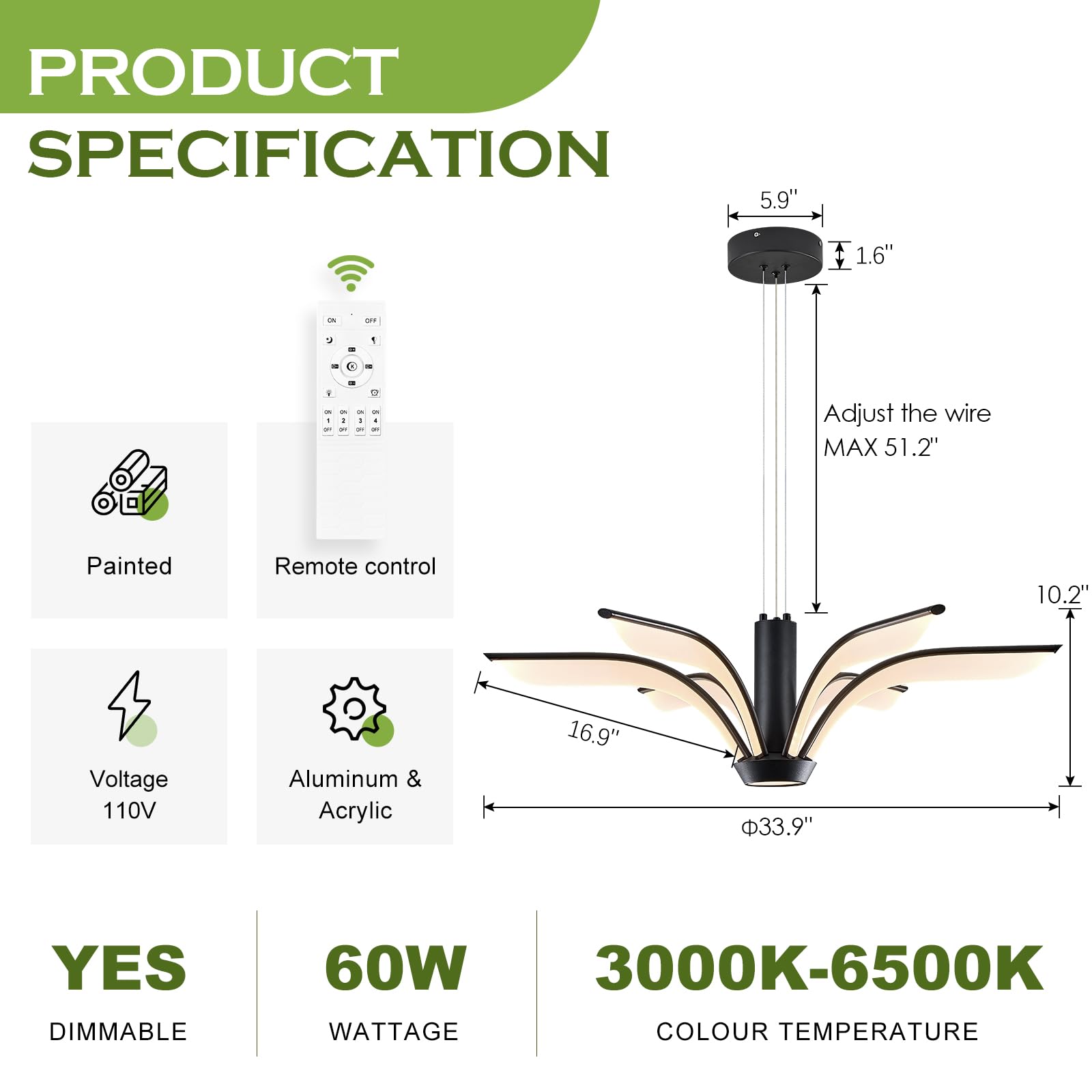 Benkut Black LED Chandelier Dimmable Modern Pendant Light Fixture 35 Remote Control 60W 3000K-6500K for Dining Room, Living Room