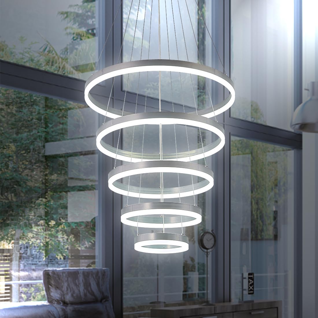 Embring Contemporary Acrylic Modern Led Pendant Chandelier Light Fixture With Remote Control, Dimmable Modern Led Silver Chandelier Featuring 5 Rings For High Ceiling And Dining Room.