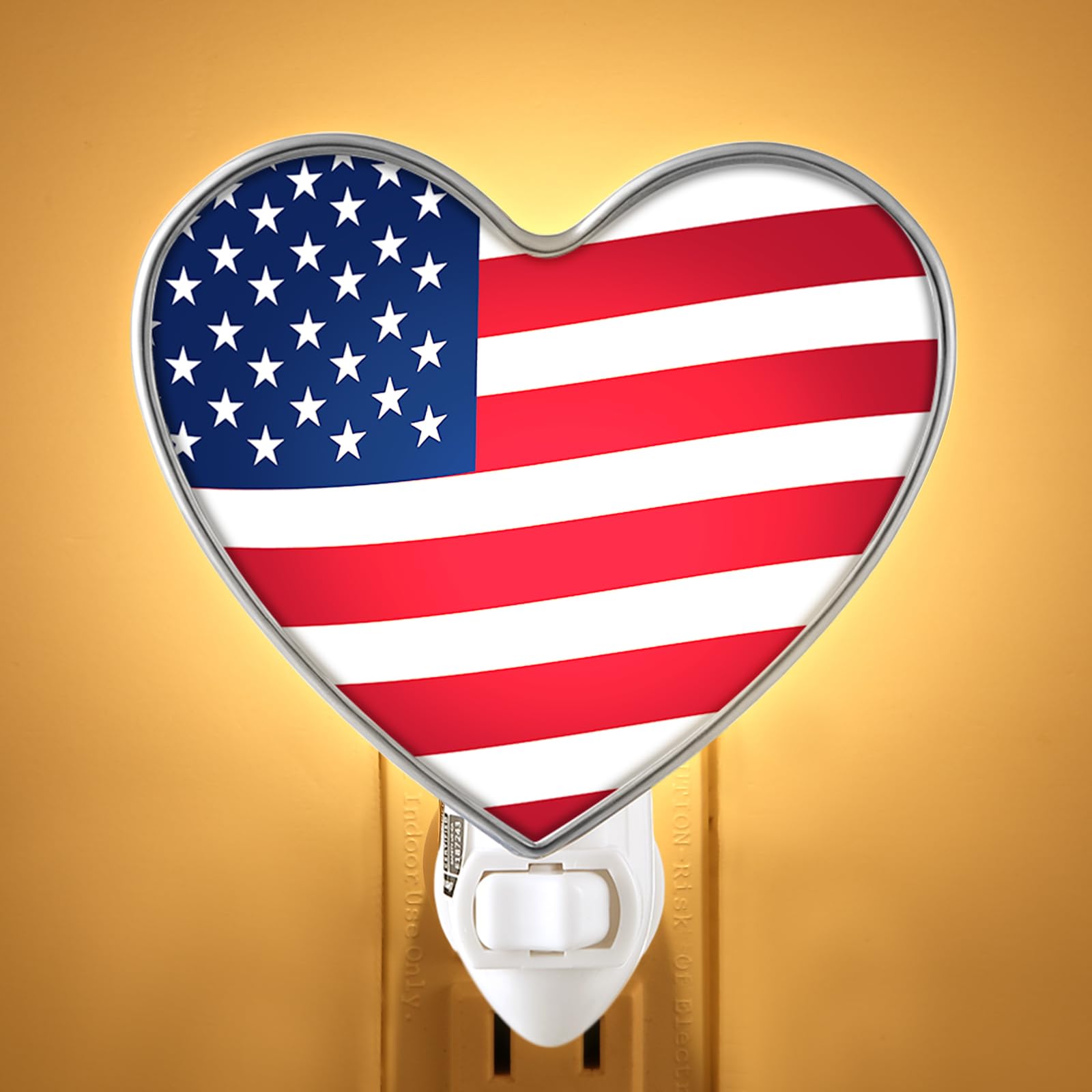 Kittmip Heart Shaped 4th of July Night Light with Switch Acrylic Patriotic American Flag Plug in Wall LED Light for Independence