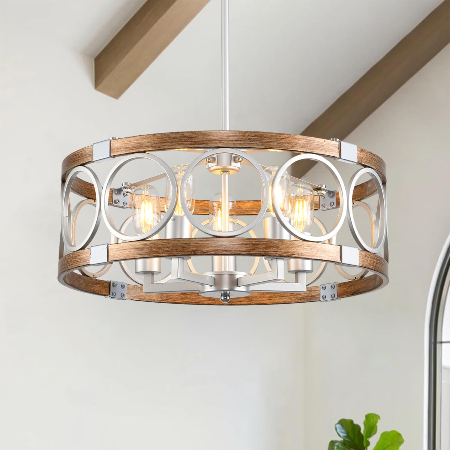 Shiandar Flush Mount Ceiling Light Fixture Ceiling Mount,5 Light 19.7" Silver Drum Chandelier Rustic Farmhouse Chandelier Modern Pendant Light Fixtures For Kitchen Lighting Fixture
