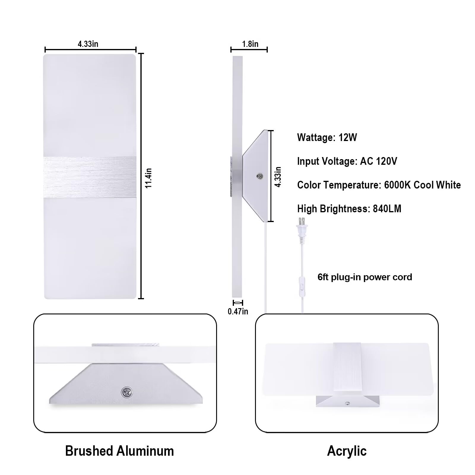 TRLIFE Modern Wall Sconce - 12W Acrylic Light, 6000K Cool White, Plug-in with 6FT Cord, On/Off Switch, 1 Pack