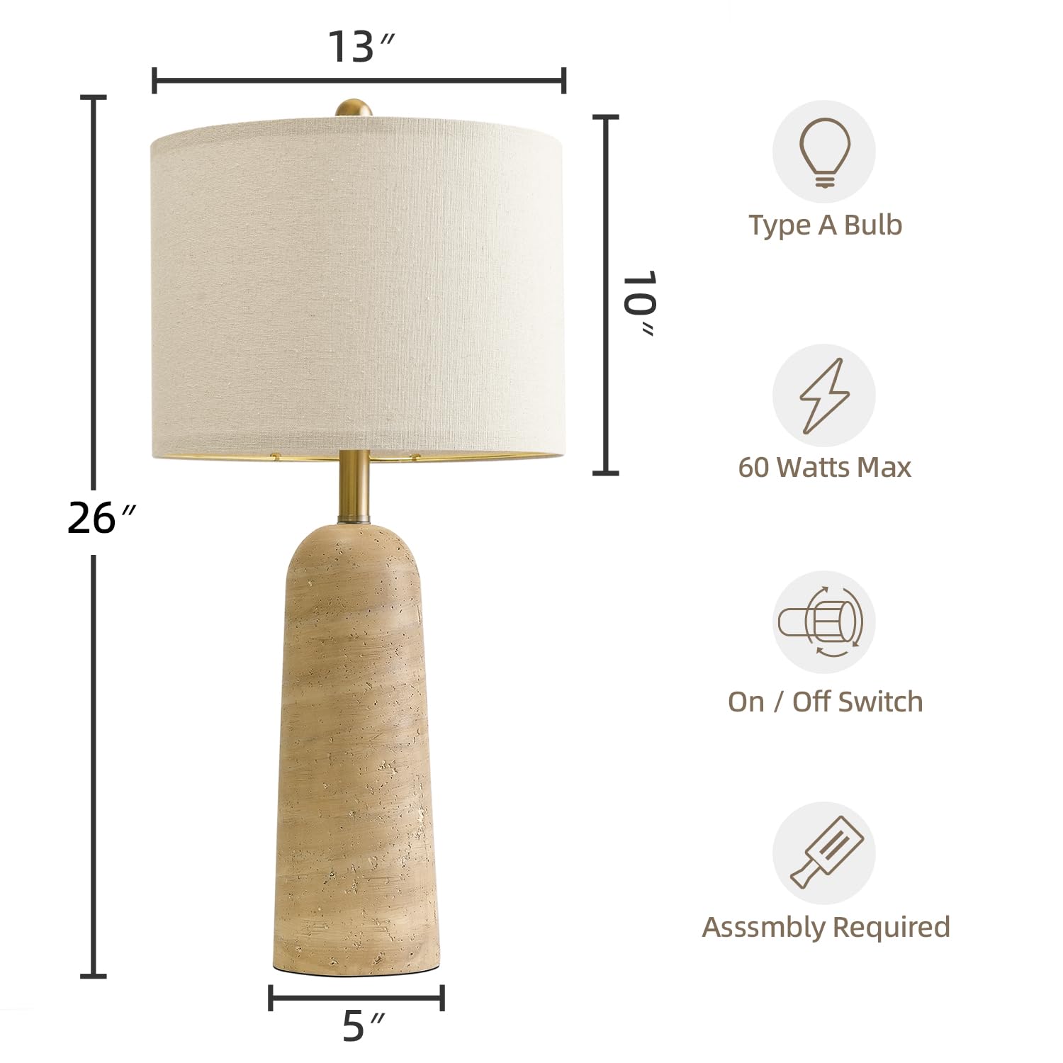 BOBOMOMO Modern Table Lamp Set of 2, 27.25" Beige Resin with Linen Shades, Travertine Look for Living Room, Bedroom, Nightstand