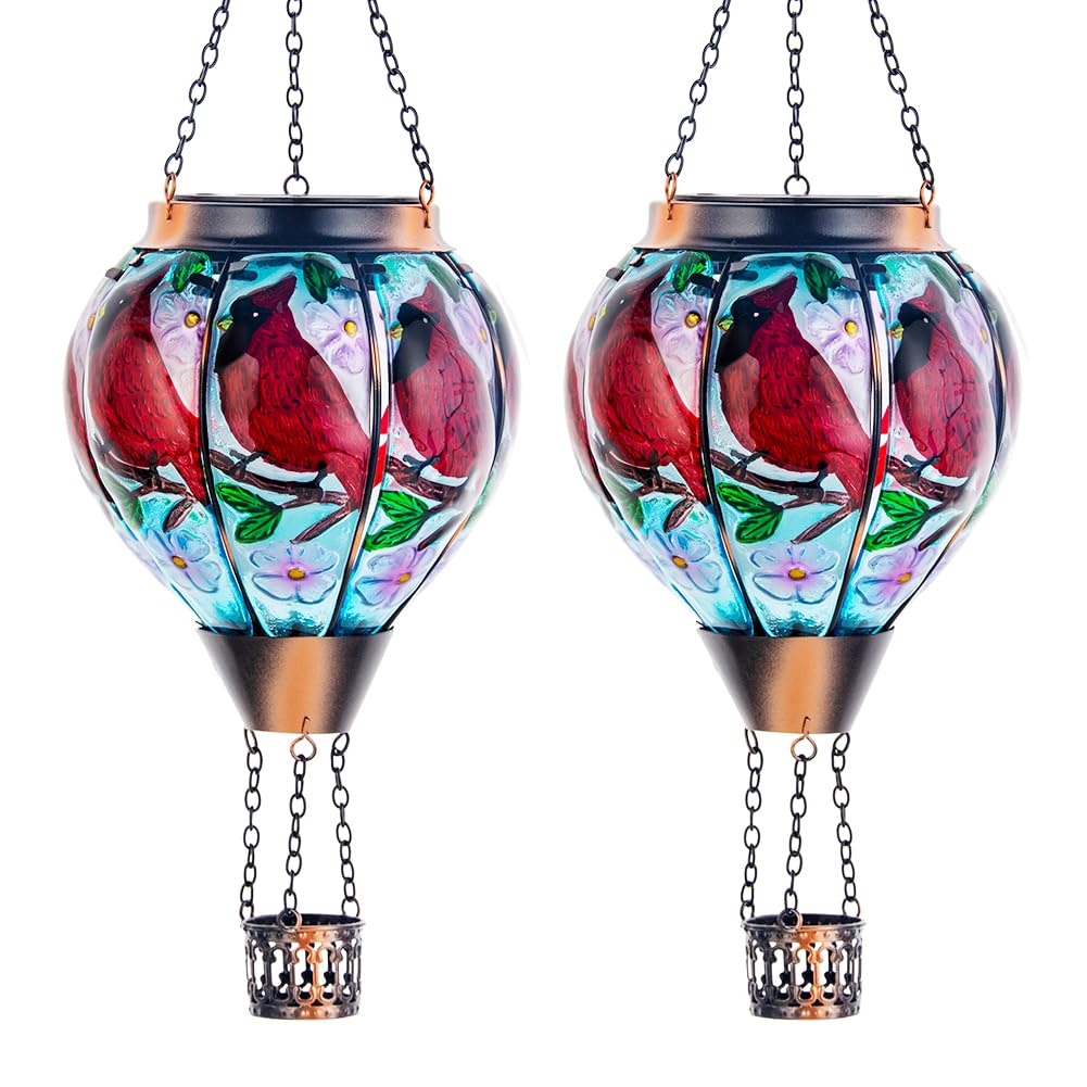 DREAMSOUL 2PCS Cardinal Hot Air Balloon Solar Lantern  Hanging Glass Solar Lanterns Outdoor Waterproof for Yard Party Gift