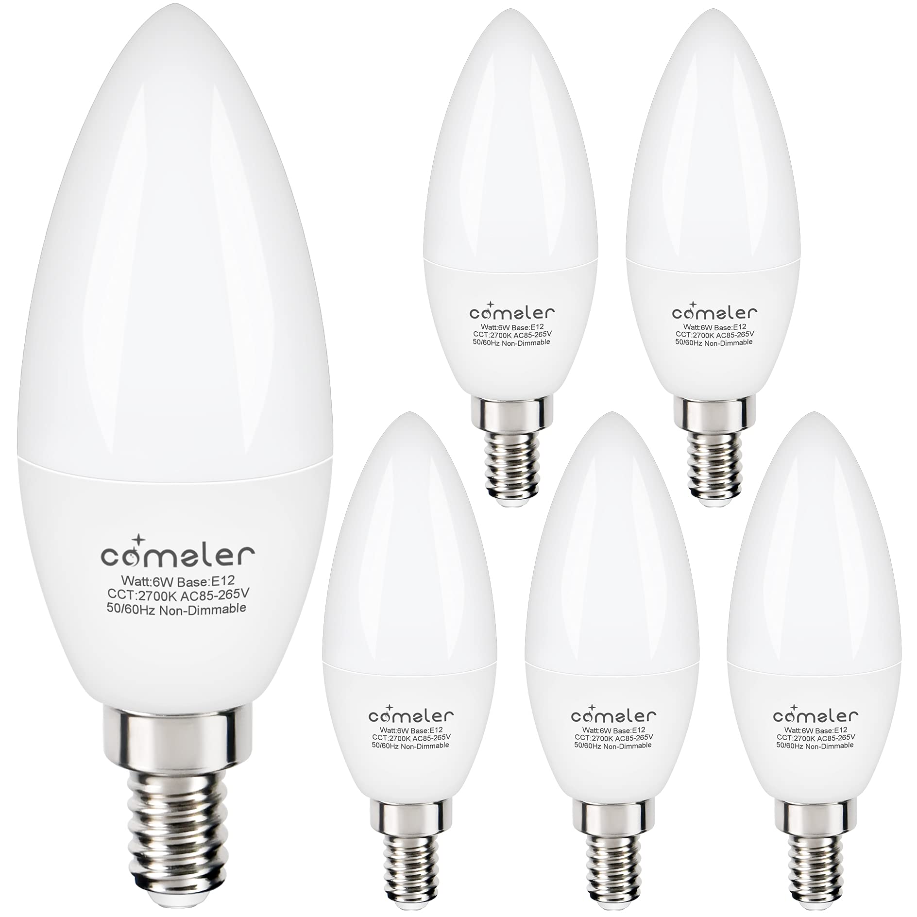 comzler E12 LED Bulb 2700K Soft Warm White,Chandelier Light Bulbs 60 Watt Equivalent,CRI85+ Candelabra Bulb 6W,120V,600LM,B11 Sm