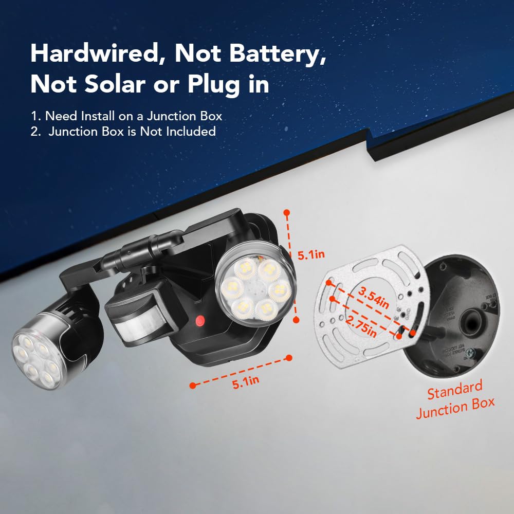OREiN Motion Sensor LED Flood Light, 150W Equivalent, 3 Modes, 2 Heads, IP65 Waterproof, Black, Model OL3600140