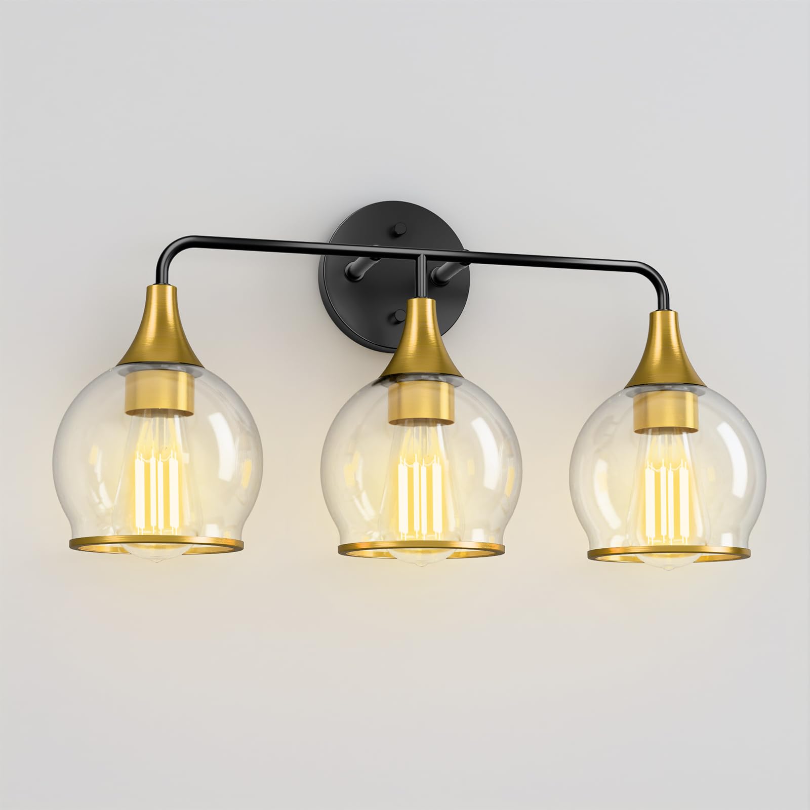 Lightania Bathroom Light Fixtures, 3-Light Vanity Lights With Clear Globe Glass Shade, Modern Black And Gold Bathroom Vanity Lig