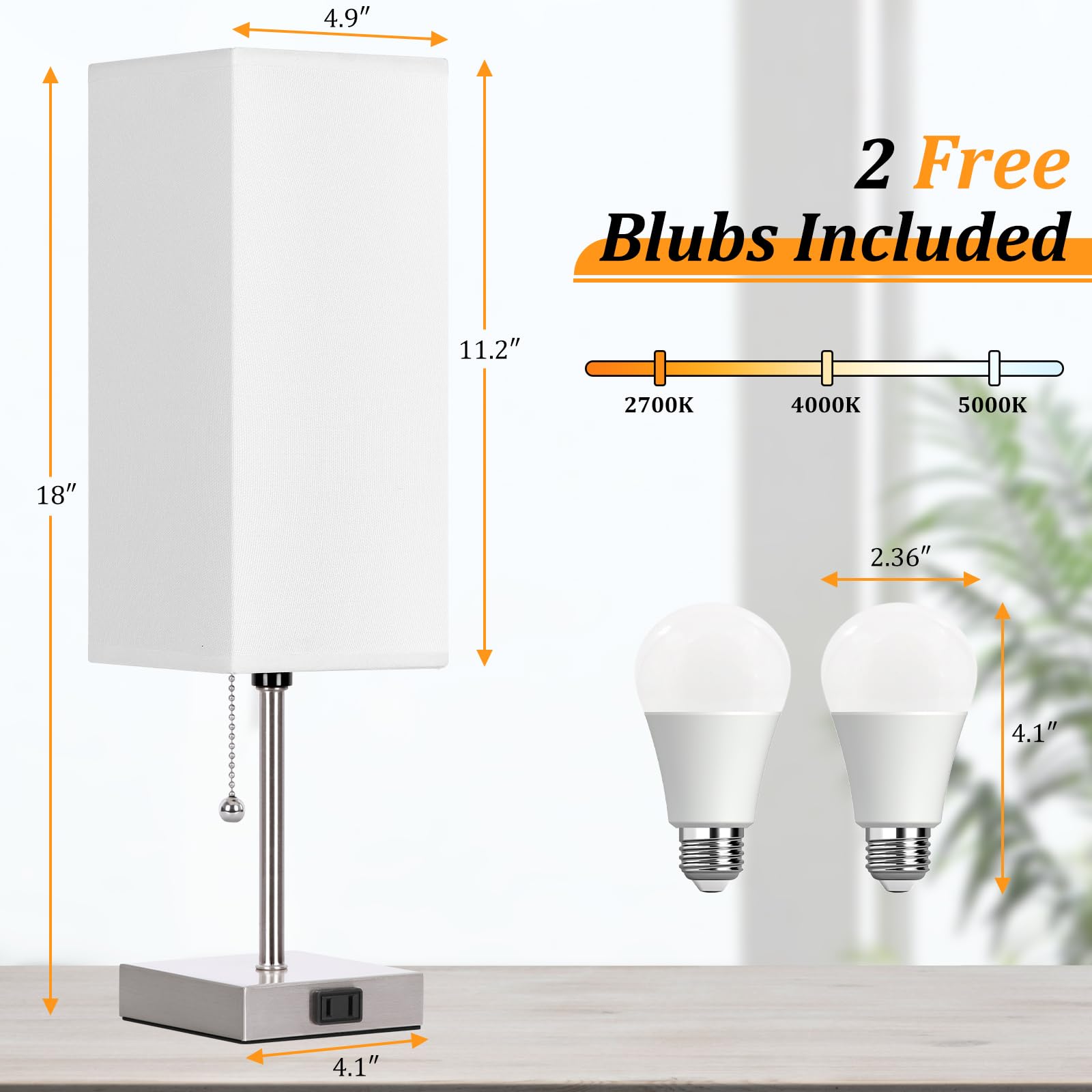 Table Lamp For Bedroom Set Of 2,3-Color Bedside Lamps With Pull Chain Table Lamps For Nightstand With Ac Outlets,18'' Night Ligh