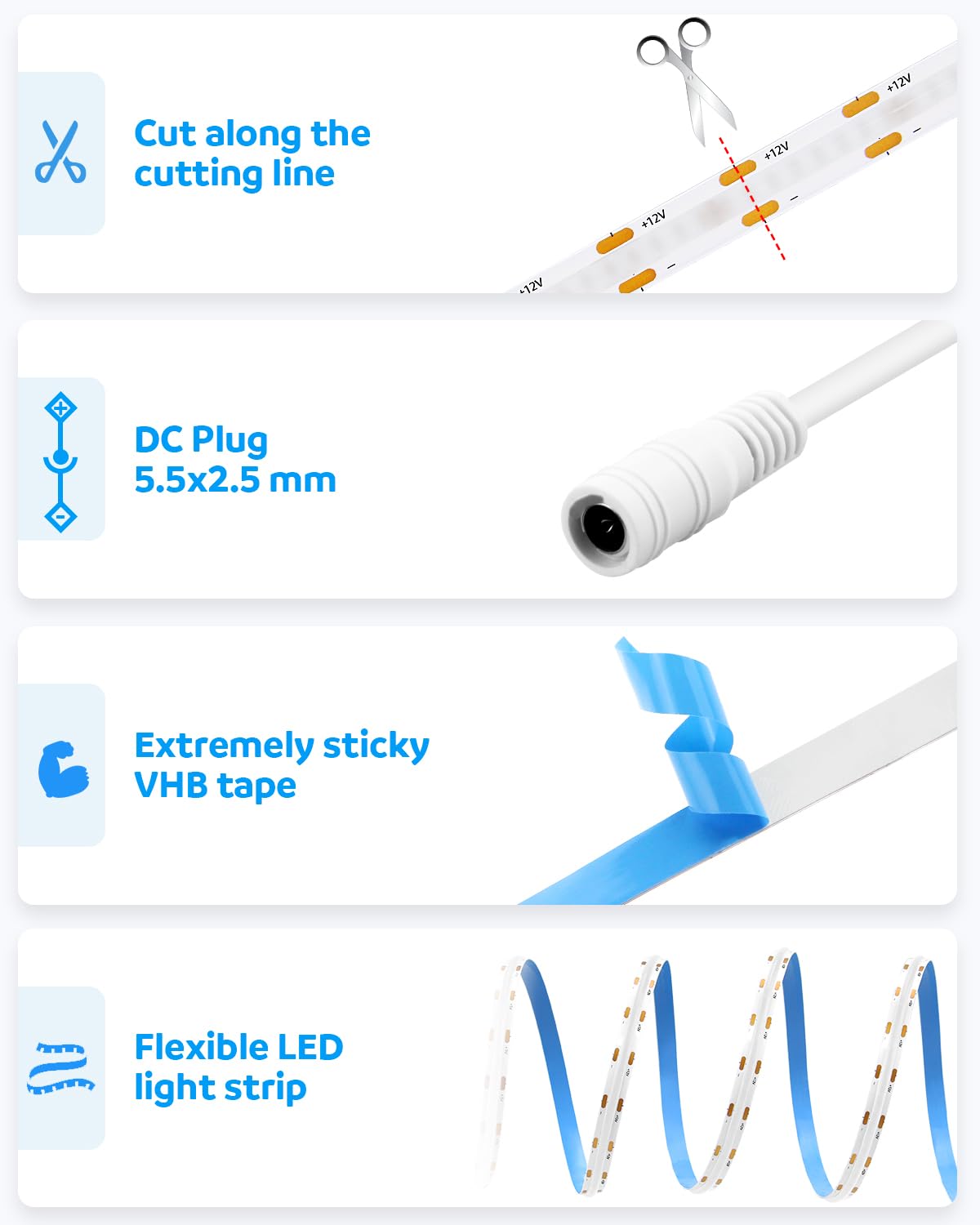 Aclorol Blue Cob Led Strip Lights 16.4Ft Led Tape Lights 12 Volt For Living Room Bedroom Kitchen Cabinet Closet Other Home Indoo