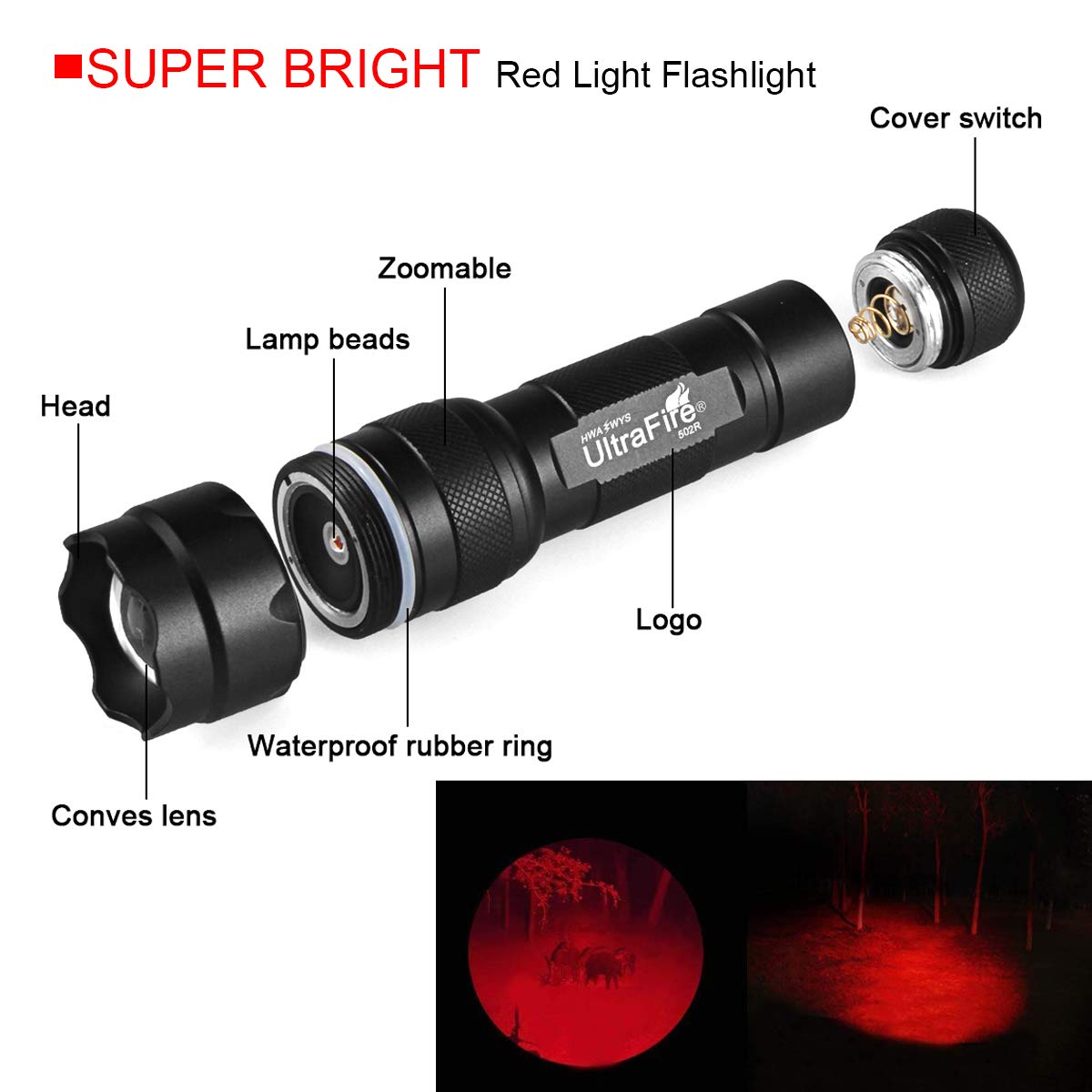 ULTRAFIRE WF-502R Red LED Flashlight, Zoomable, Adjustable Focus, Aluminum, Single Mode, 630nm, Hunting Light
