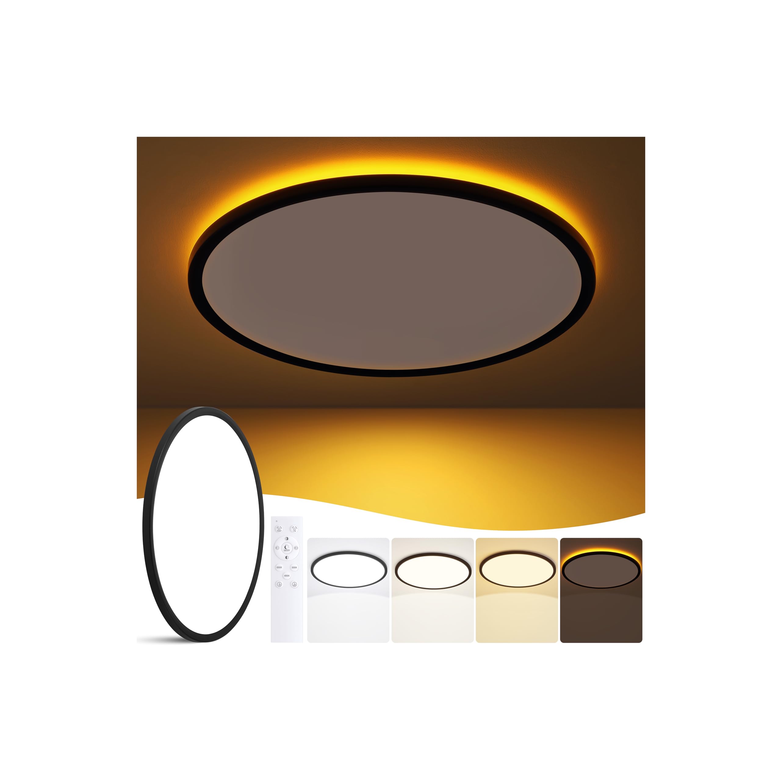 KIWIVIC 19 Inch Flush Mount Ceiling Light, Dimmable LED, 45W 4500LM, Black, Model LT0162-T3-T01, Night Light, 300