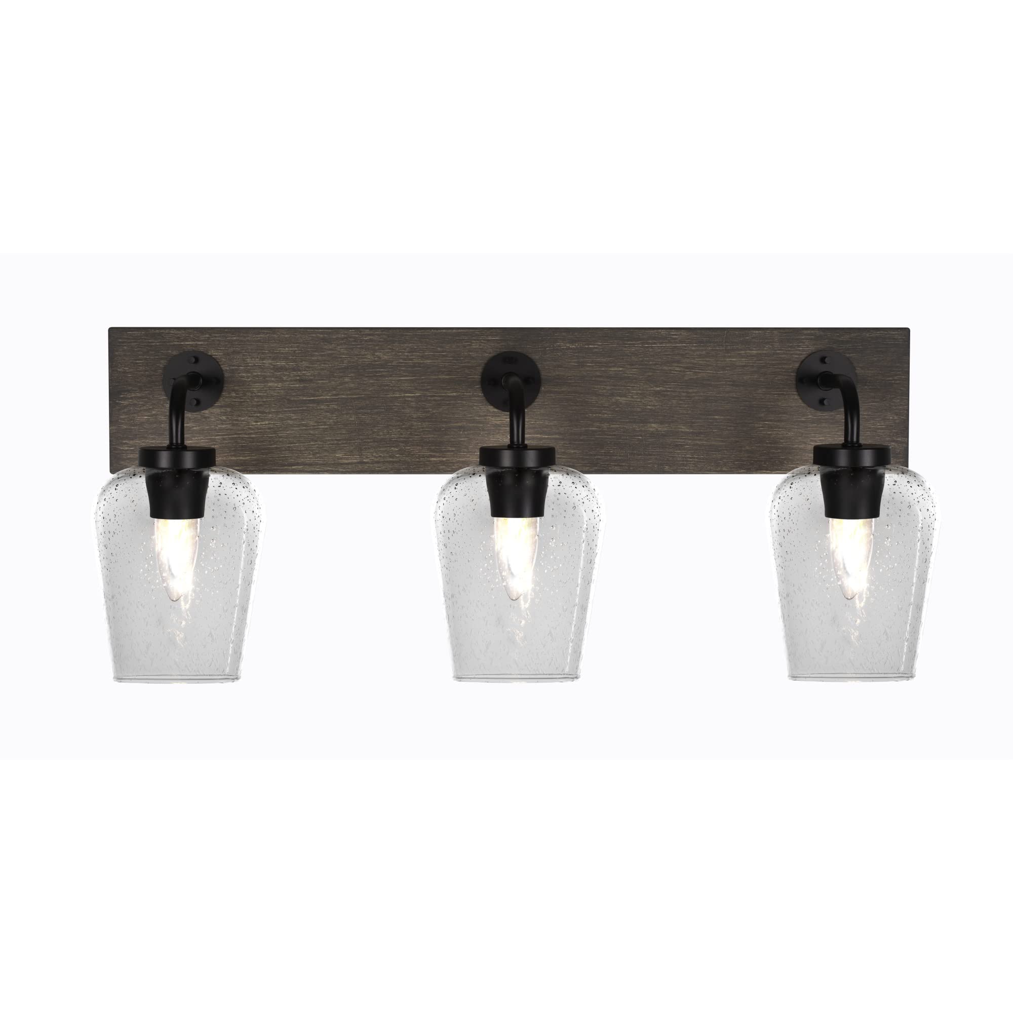 Oxbridge 3 Light Bath Bar In Matte Black & Painted Distressed Wood-Look Metal Finish With 5" Clear Bubble Glass