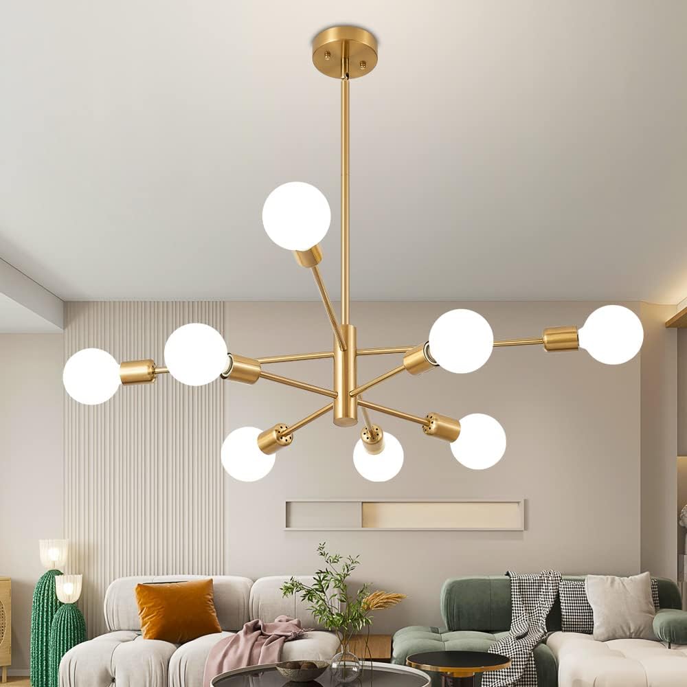 Deyidn Sputnik Chandelier Modern Gold Chandelier Mid Century Ceiling Lighting Fixtures 8 Lights E26 for Living Room, Kitchen Isl