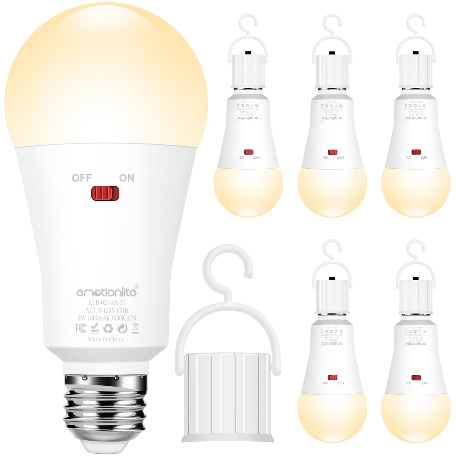 Emotionlite Rechargeable Emergency Light Bulb, 1800mAh, 3000K Warm White, E26 Base, 6 Pack, Dimmable Brightness for Home and Camping