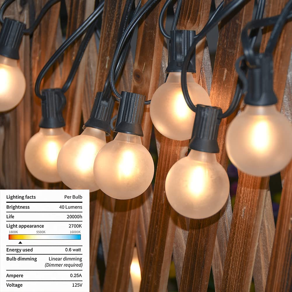 Outdoor Led String Lights, 50Ft G40 Outdoor Patio Lights With 52 Frosted White Led Globe Bulbs, Hanging Backyard Lights Waterpro