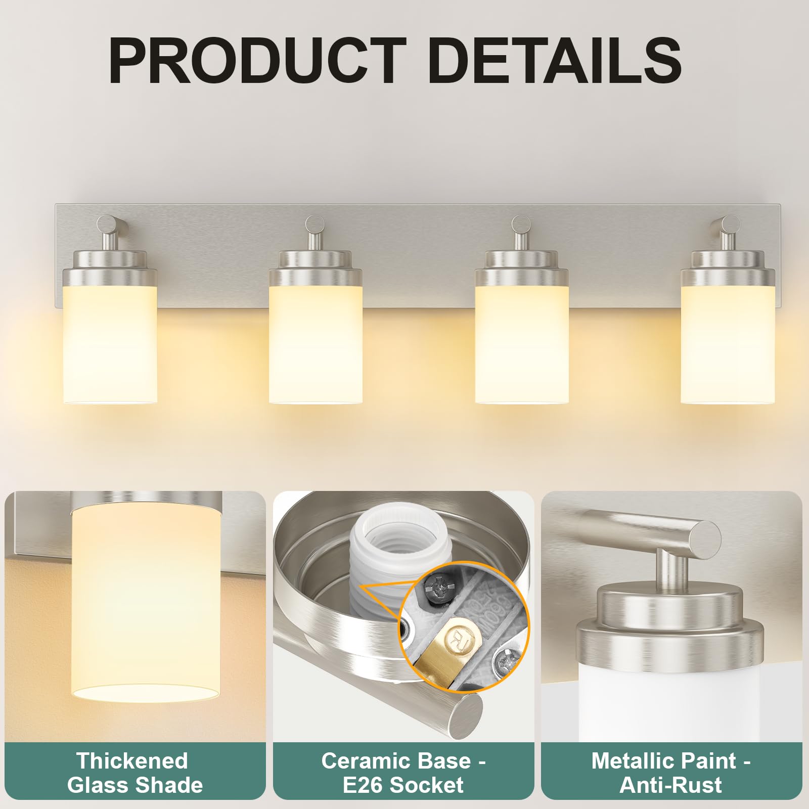 IZORRO 4-Light Bathroom Vanity Light Fixture, Brushed Nickel with White Glass Shade, Modern Farmhouse Design, Model HL101-4T-Ni-WT