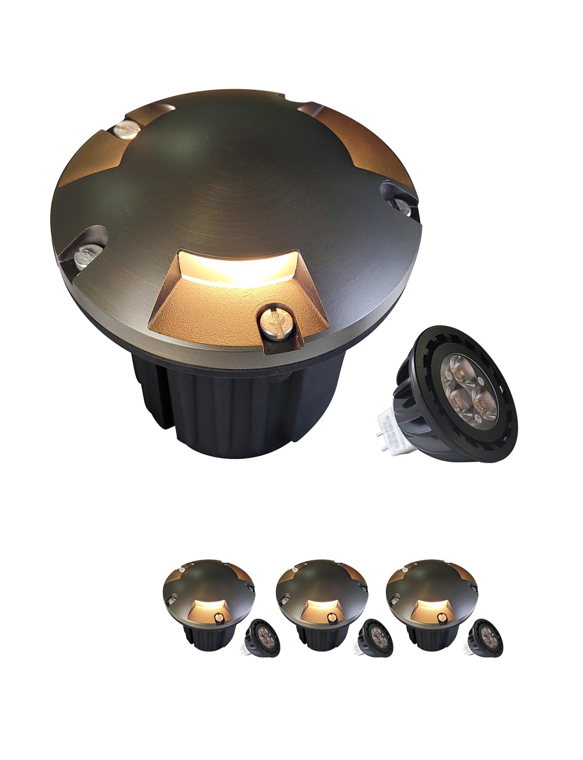 MALORY Brass Top Cover Landscape Well Lights (6H) 12V Low Voltage Outdoor In Ground Lights Anti-Glare Landscape Lighting with 5W 450ML MR16 for Pathway  Driveway (Shield Top  4-Pack with Bulb)
