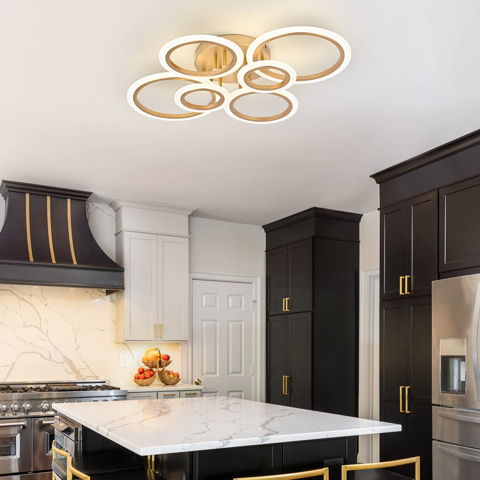 Teminbu Modern Led Ceiling Light, Gold 6 Rings Flush Mount Ceiling Light, 4000K Lighting Fixture Ceiling Lamp For Kitchen, Bedroom, Living Room, Laundry Room