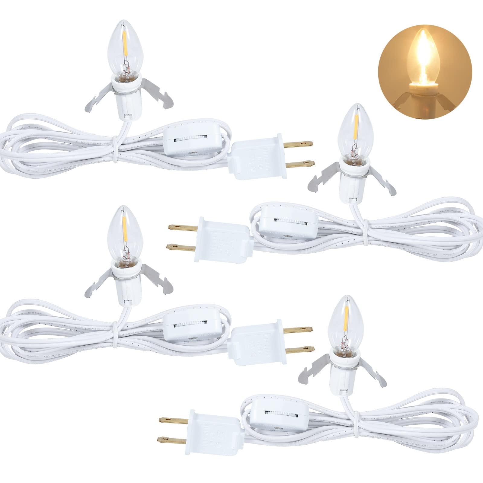 Set of 4 Accessory Light Cord with Single LED Bulb, 6FT Blow Mold Replacement Light Kit, C7 Clip Lights with One Bulb On/Off Swi