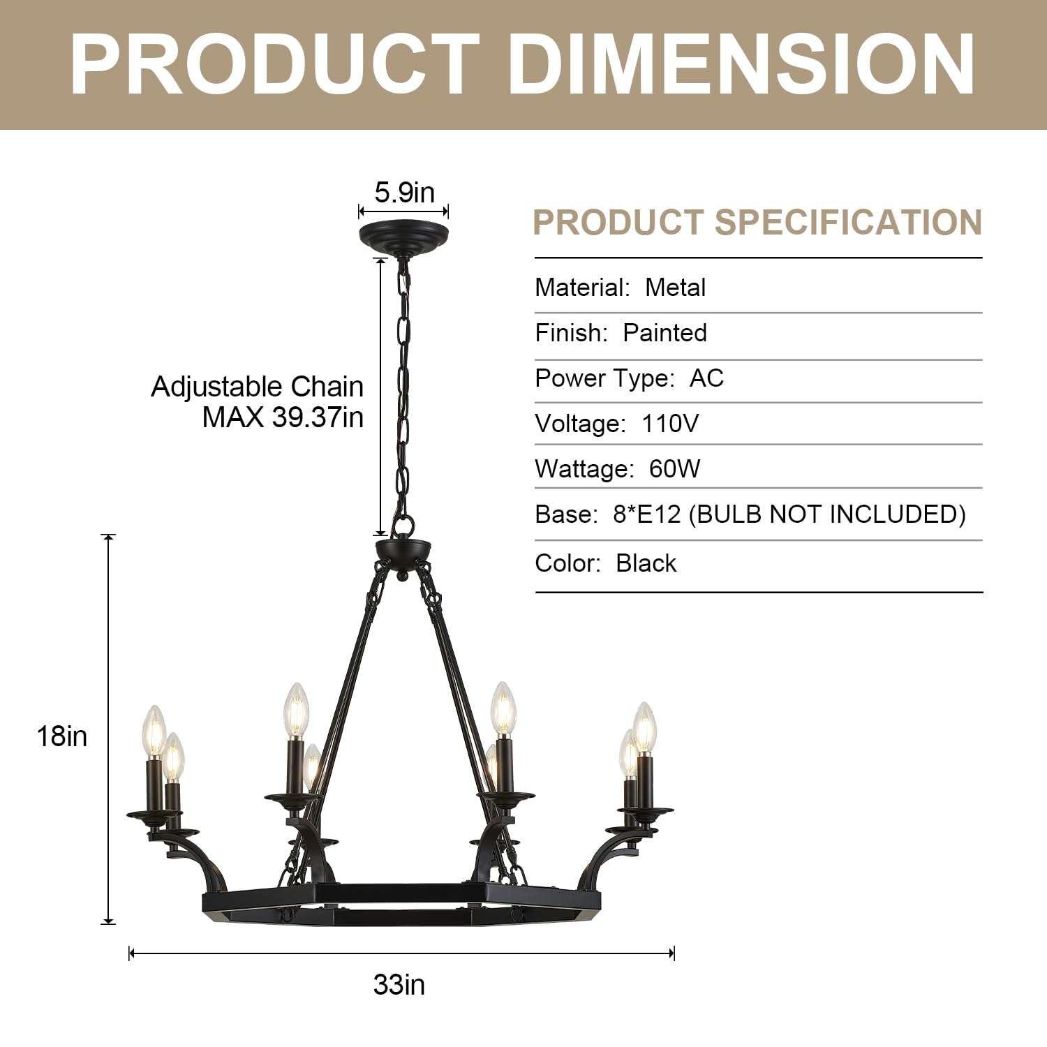 Brfaixla 8 Lights Wagon Wheel Chandelier 33'' Rustic Black Metal Ceiling Pendant Chandelier Hanging Lights Industrial For Kitche