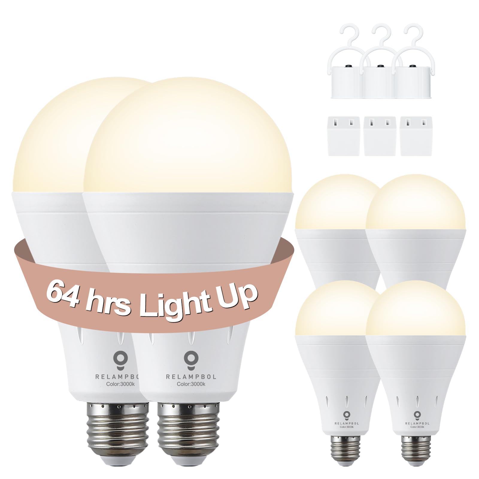 Relampbol 6 Pack Rechargeable Emergency Light Bulb Battery Operated Power Outage Light Led Dimmable Up To 24 Hours 3000K 9W 120V
