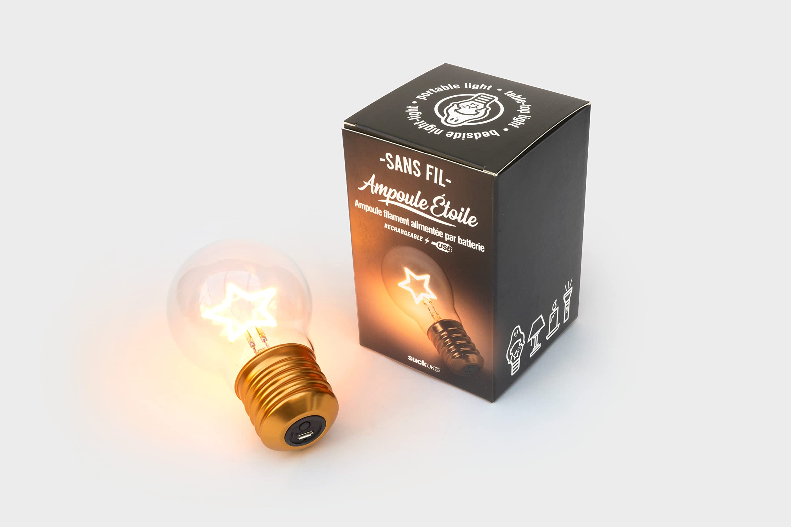 Suck UK Rechargeable Star Shaped Table Lamp - Gold, USB Light, Cordless Edison Bulb Night Light for Bedroom, Model SK LIGHTBULB4