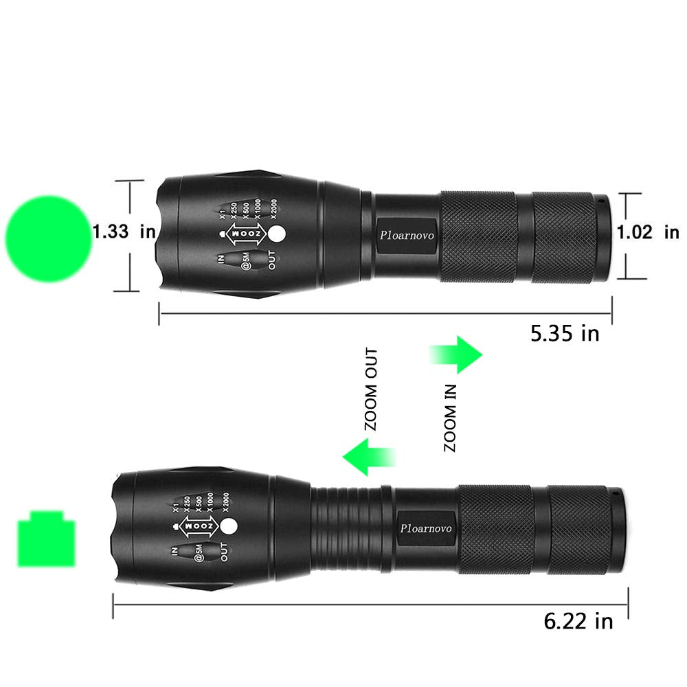 Green Hunting Flashlight Green Led Flashlight Green Handheld Light - Zoomable, Water & Shock Resistant Night Hunting Lights For Fishing Hog Pig Coyote Varmint Predator Rifle (2 Pack)