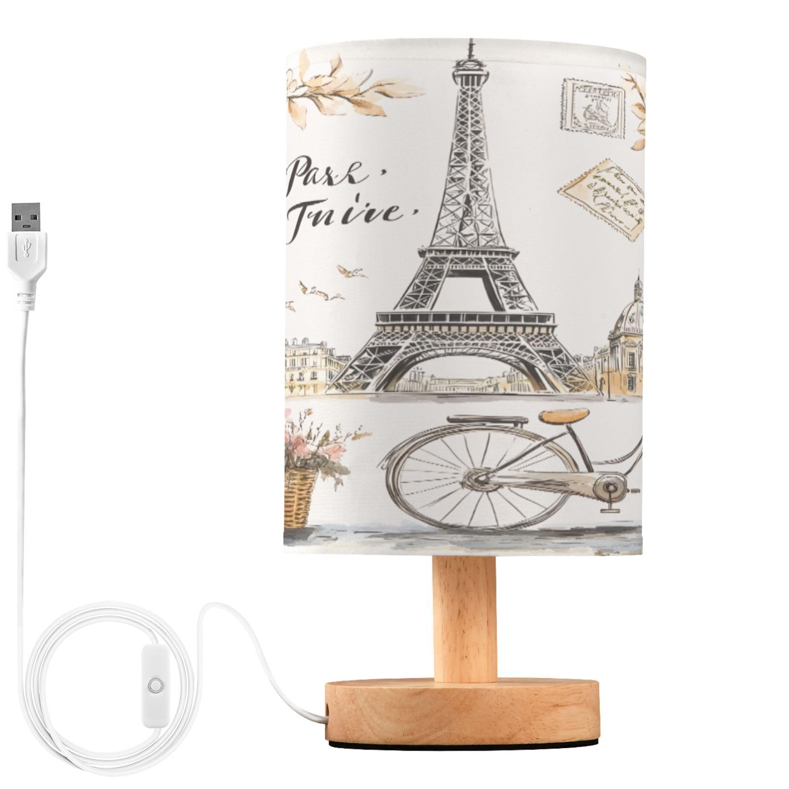 ALAZA Paris Eiffel Tower France Flower Watercolor Decor Bedside Table Lamp with USB Port for Bedroom Nightstand Office Desk LED 