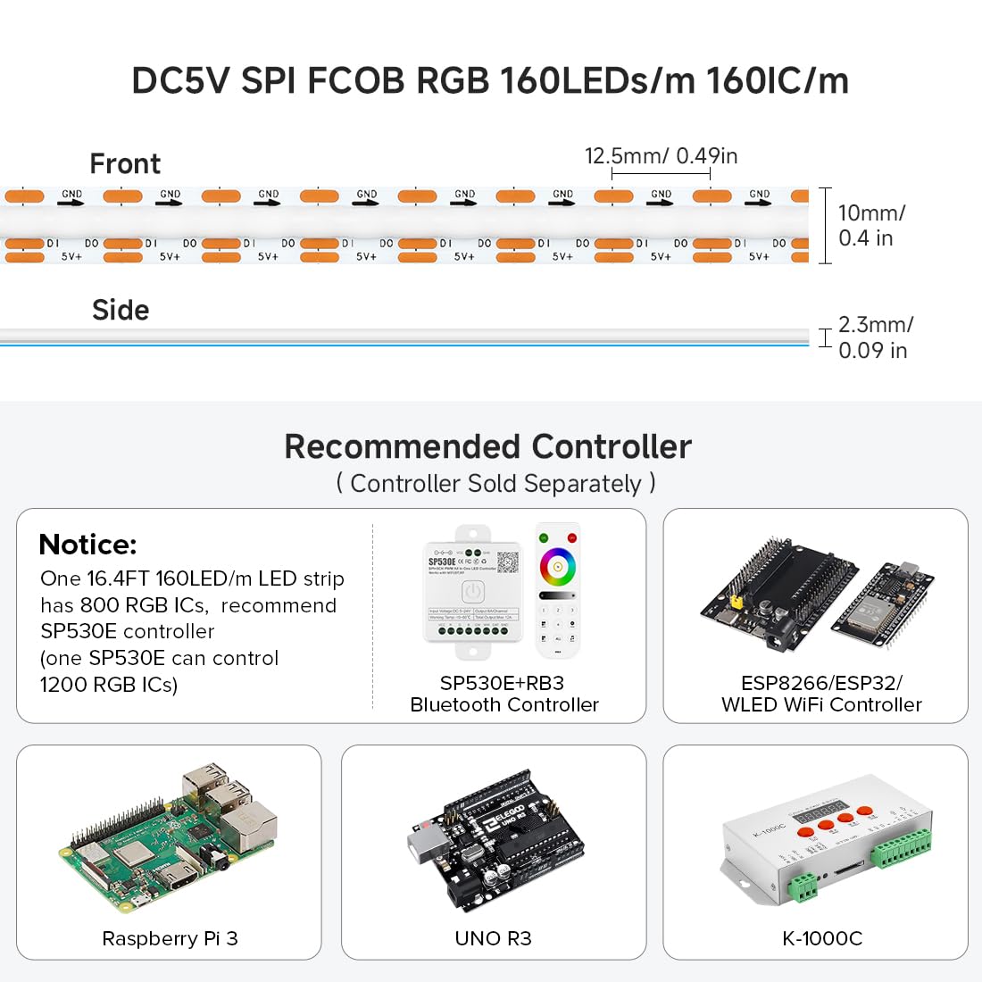 Btf-Lighting Fcob Cob Ws2812B Ic Rgb Led Strip Dc5V 16.4Ft Individual Addressable 160Pixel/M 800Leds 800Ic Dream Color Ip30 Non-