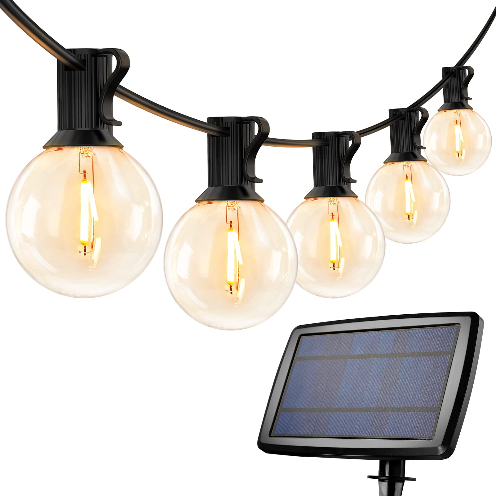 Lepro Solar Outdoor String Lights, 25ft, 26 LED G40 Bulbs, USB Rechargeable, Warm White, Model 440001-WW