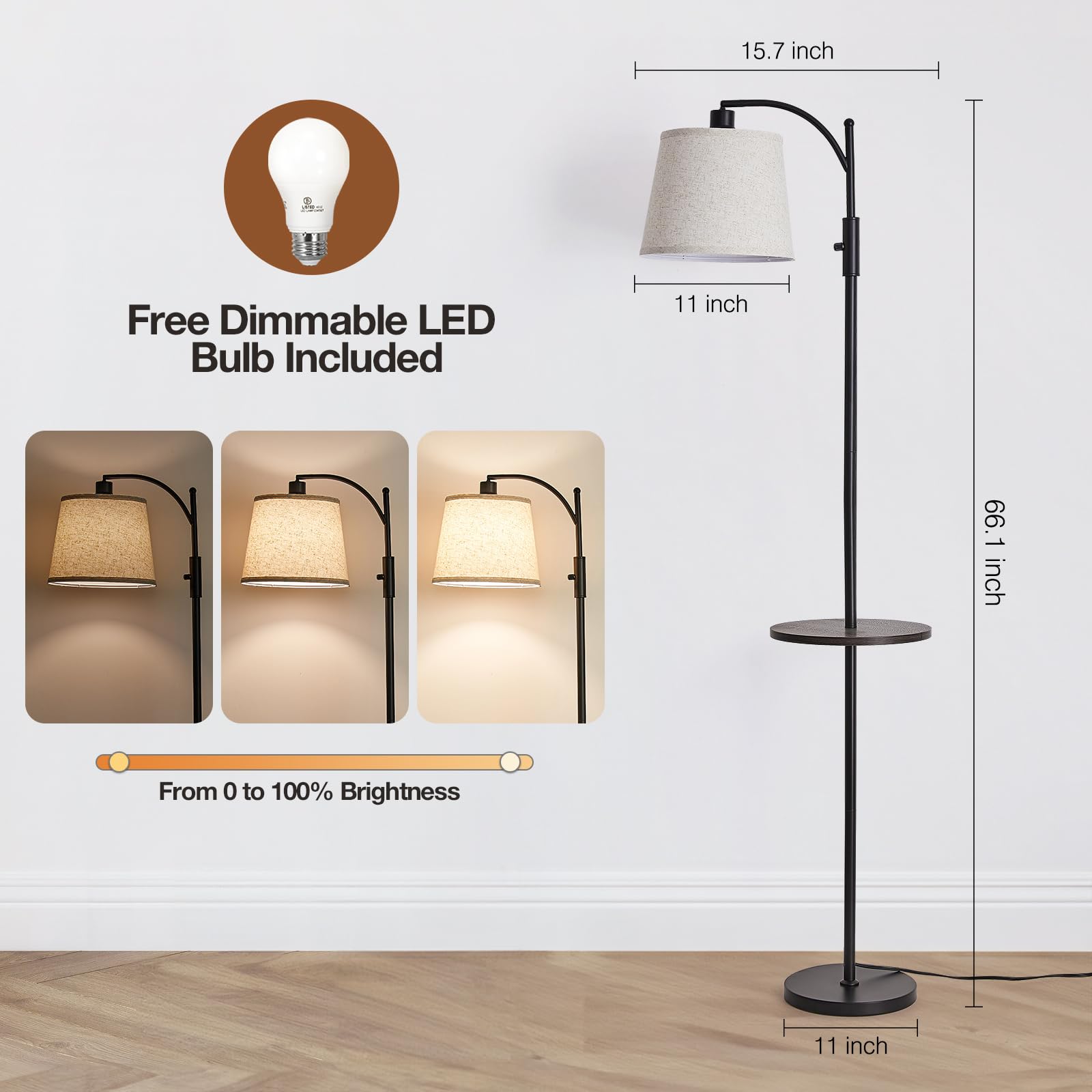 AIDENOEY Floor Lamp, Fully Dimmable, Black Metal, Rotary Switch, Beige Linen Shade, 9W LED Bulb Included, Model HYZC020-1