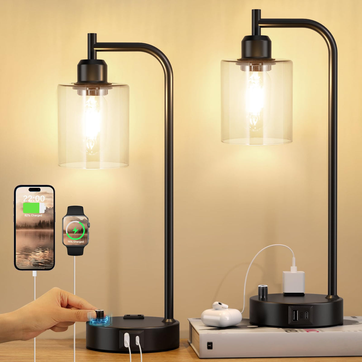 Industrial Nightstand Lamps For Bedrooms Set Of 2 - Fully Dimmable Bedside Lamps With Usb A C Ports And Outlet, Black Table Lamps With Clear Glass Shade For Living Room, Desk Lamps For Office Reading