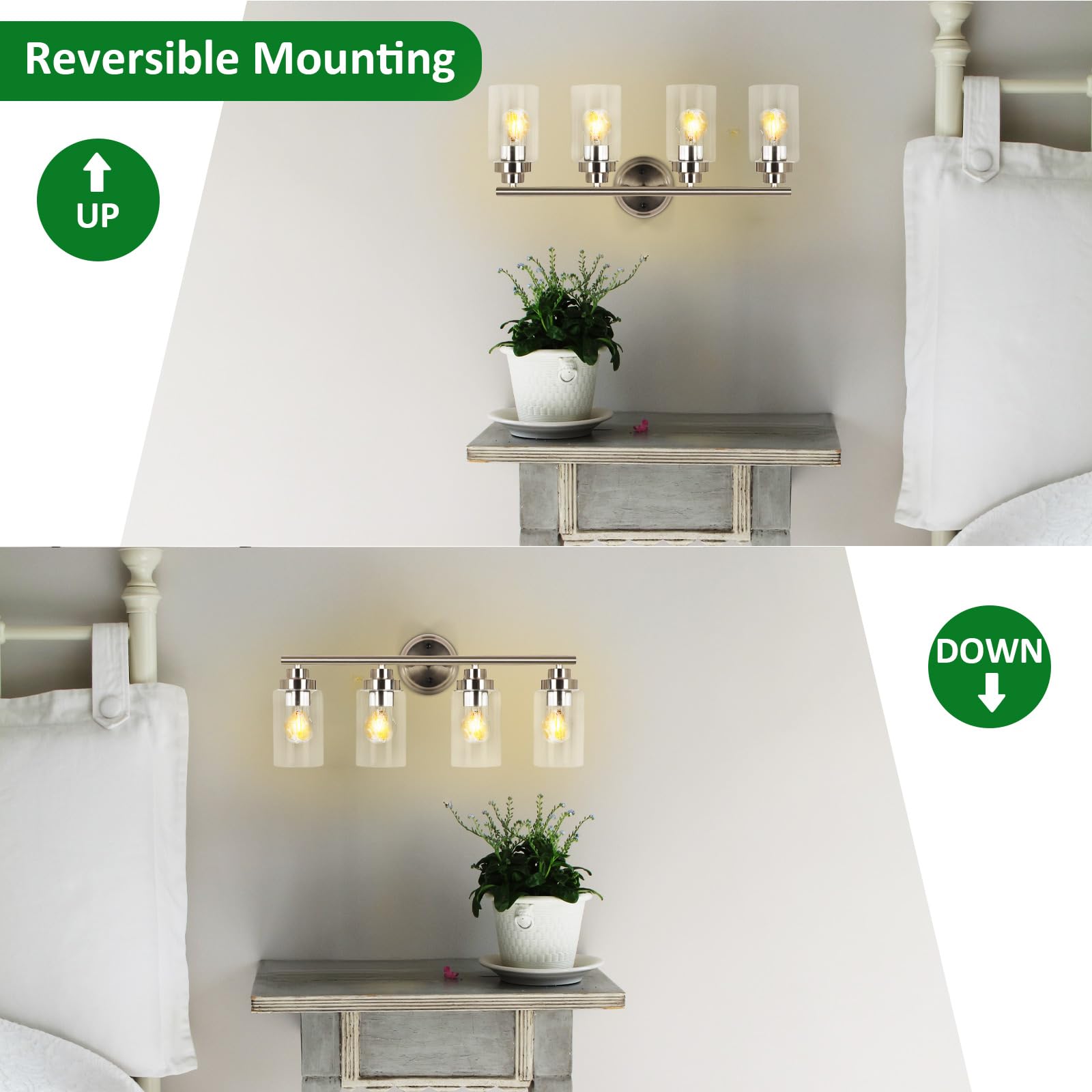 DLLT 4-Light Bathroom Wall Sconces, Silver Glass Shade Vanity Lighting, Model DINGLILIGHTING