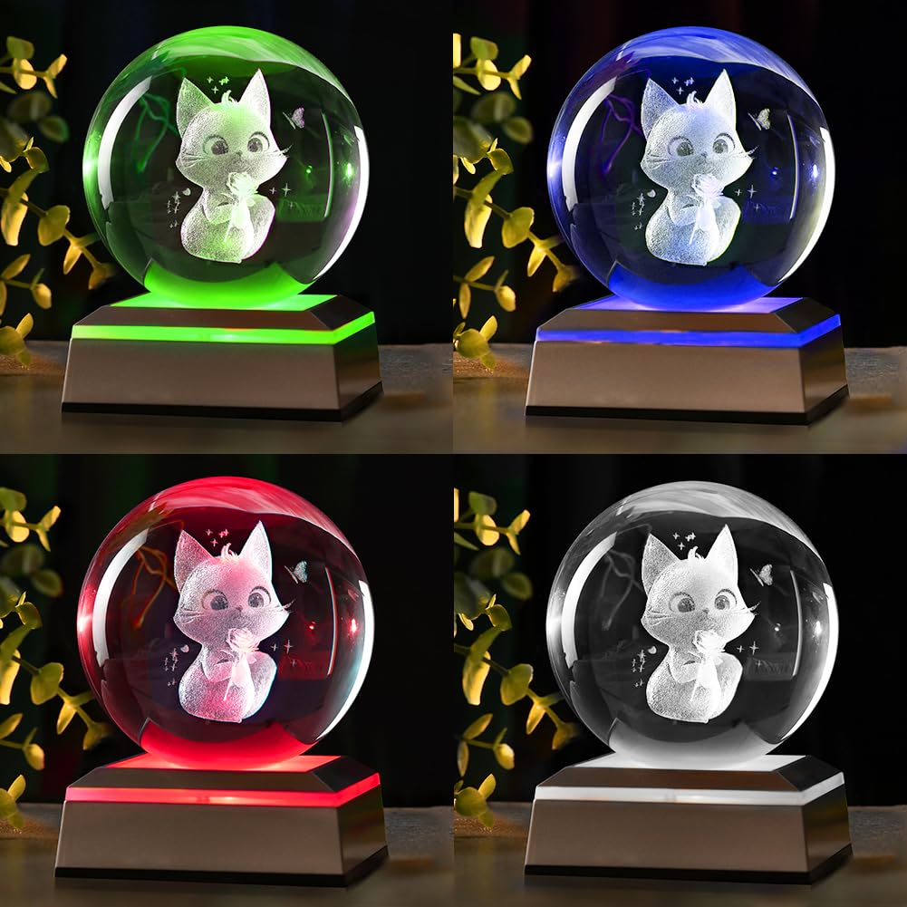 Zrenjhus 80Mm Cat Lover Gifts For Women 3D Cat Holding Rose Night Light Cat Crystal Ball Decor Kitten Holding Rose Collectibles